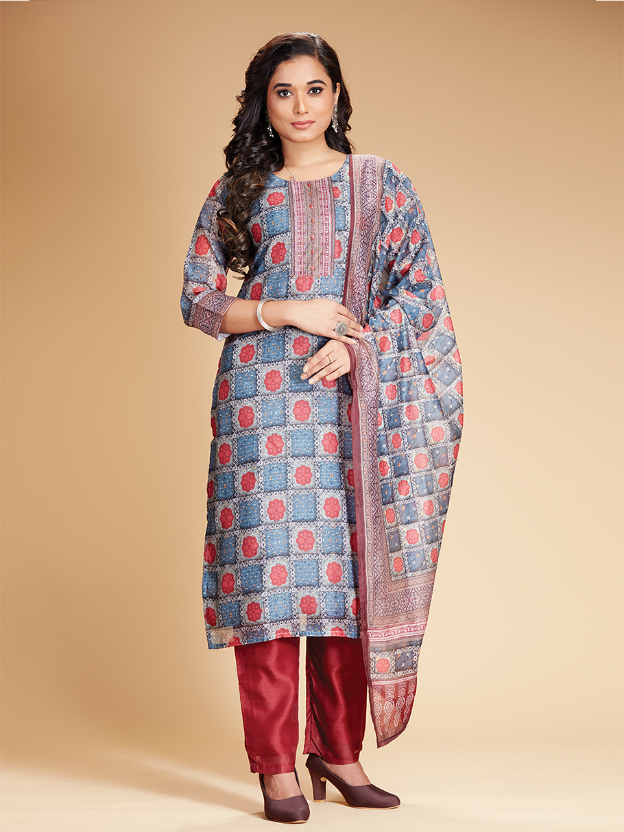 Blue 3-Piece Suit Set with Dupatta