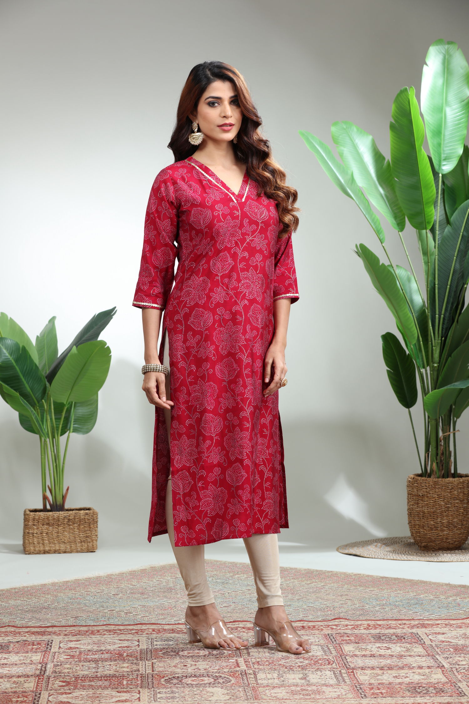 Red Printed Straight Kurti