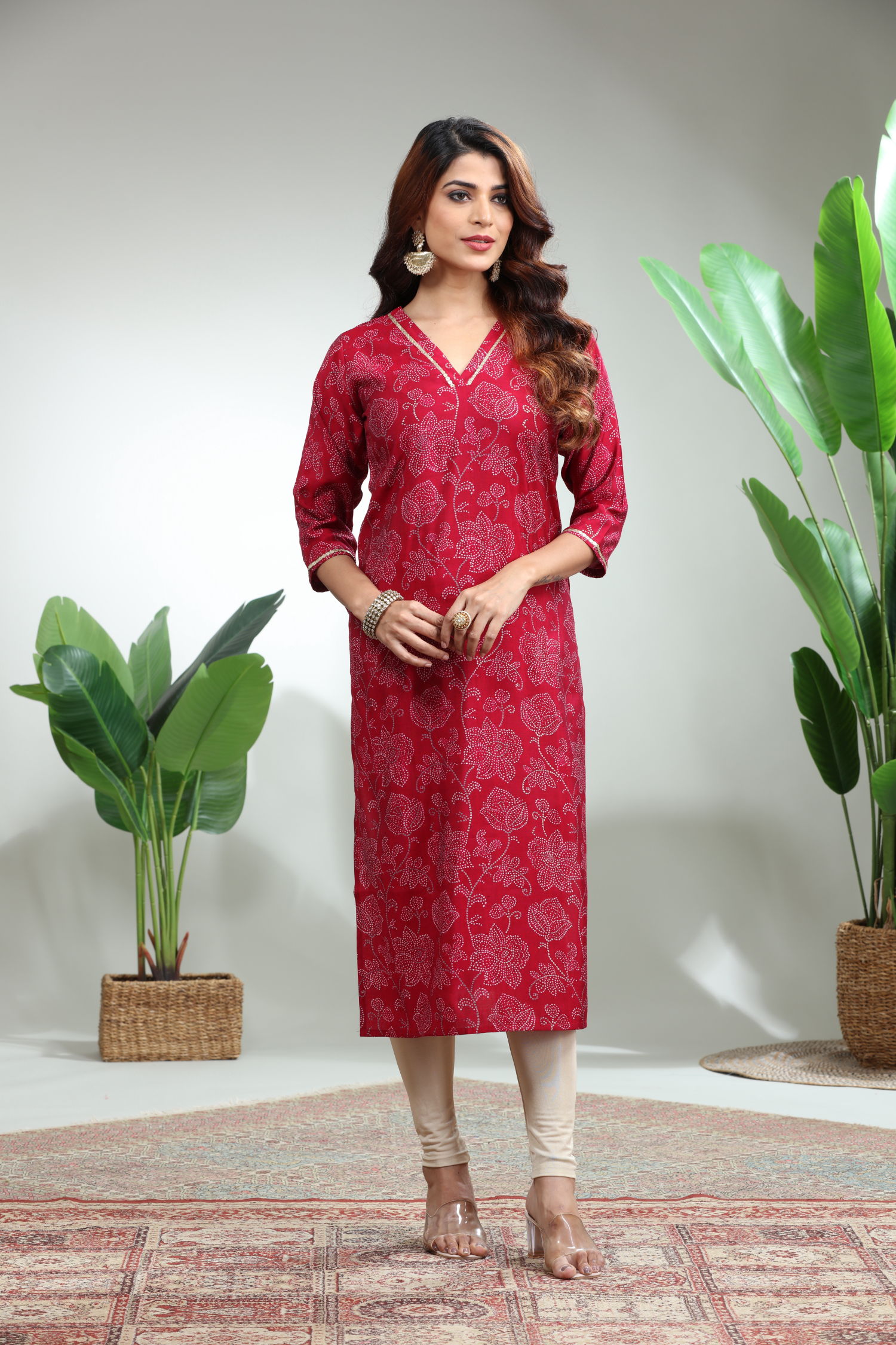 Red Printed Straight Kurti