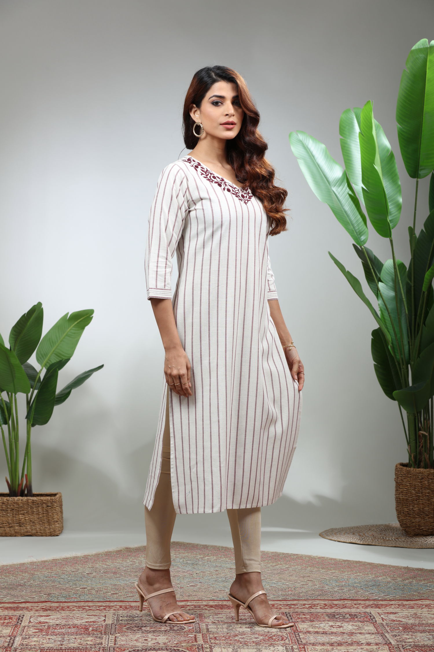 Cream Printed Straight Kurti