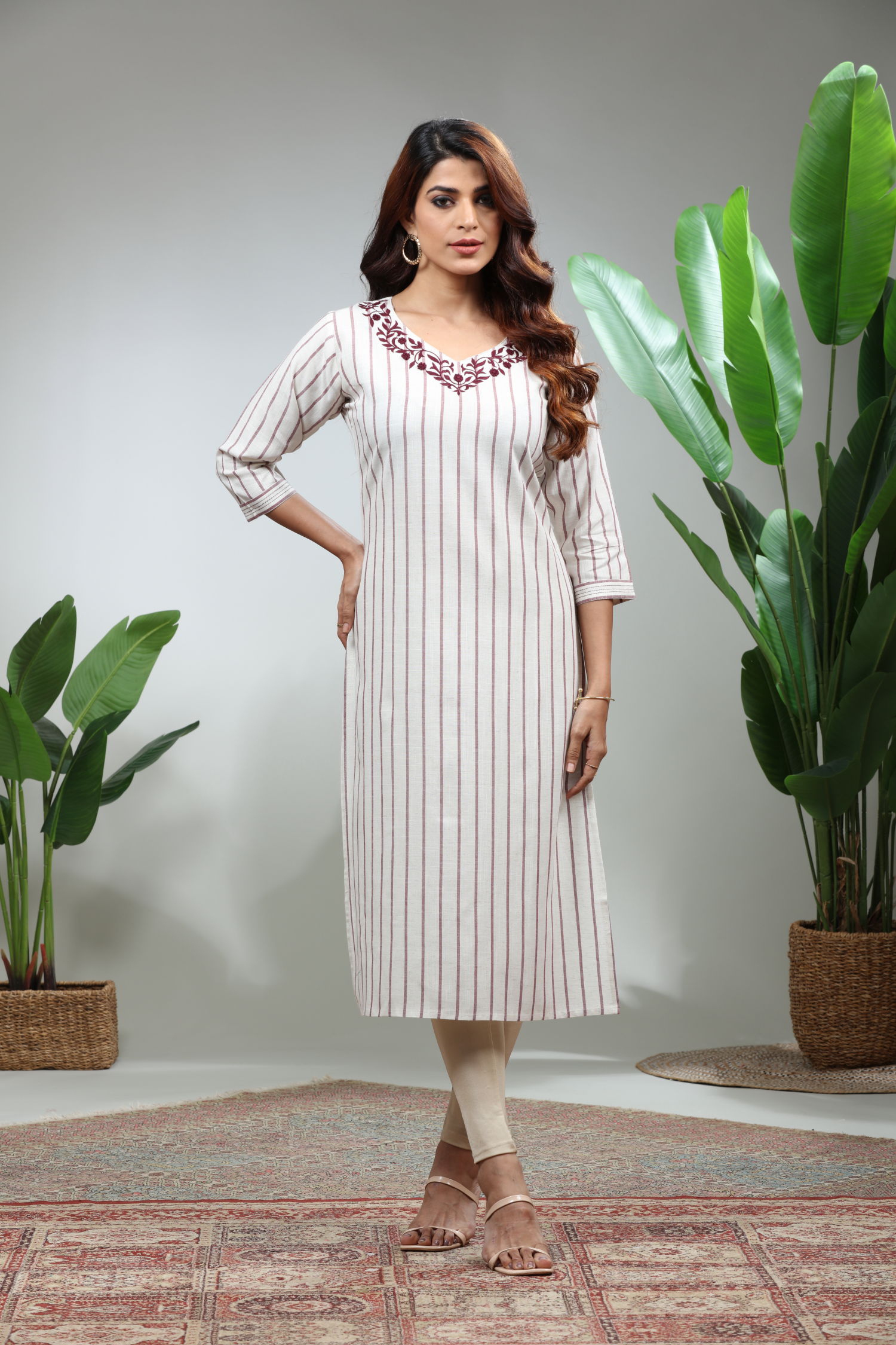 Cream Printed Straight Kurti