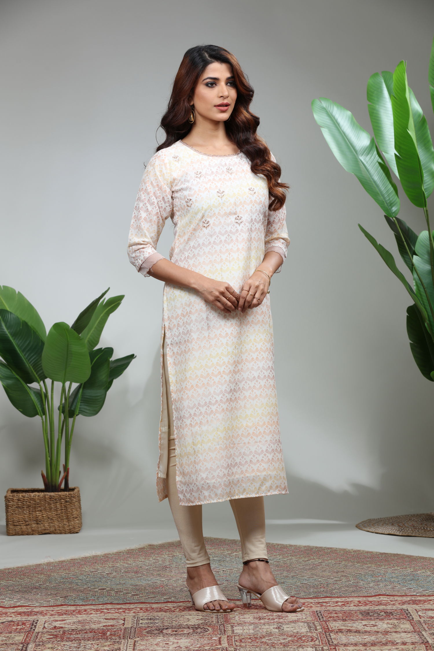 Cream Printed Straight Kurti