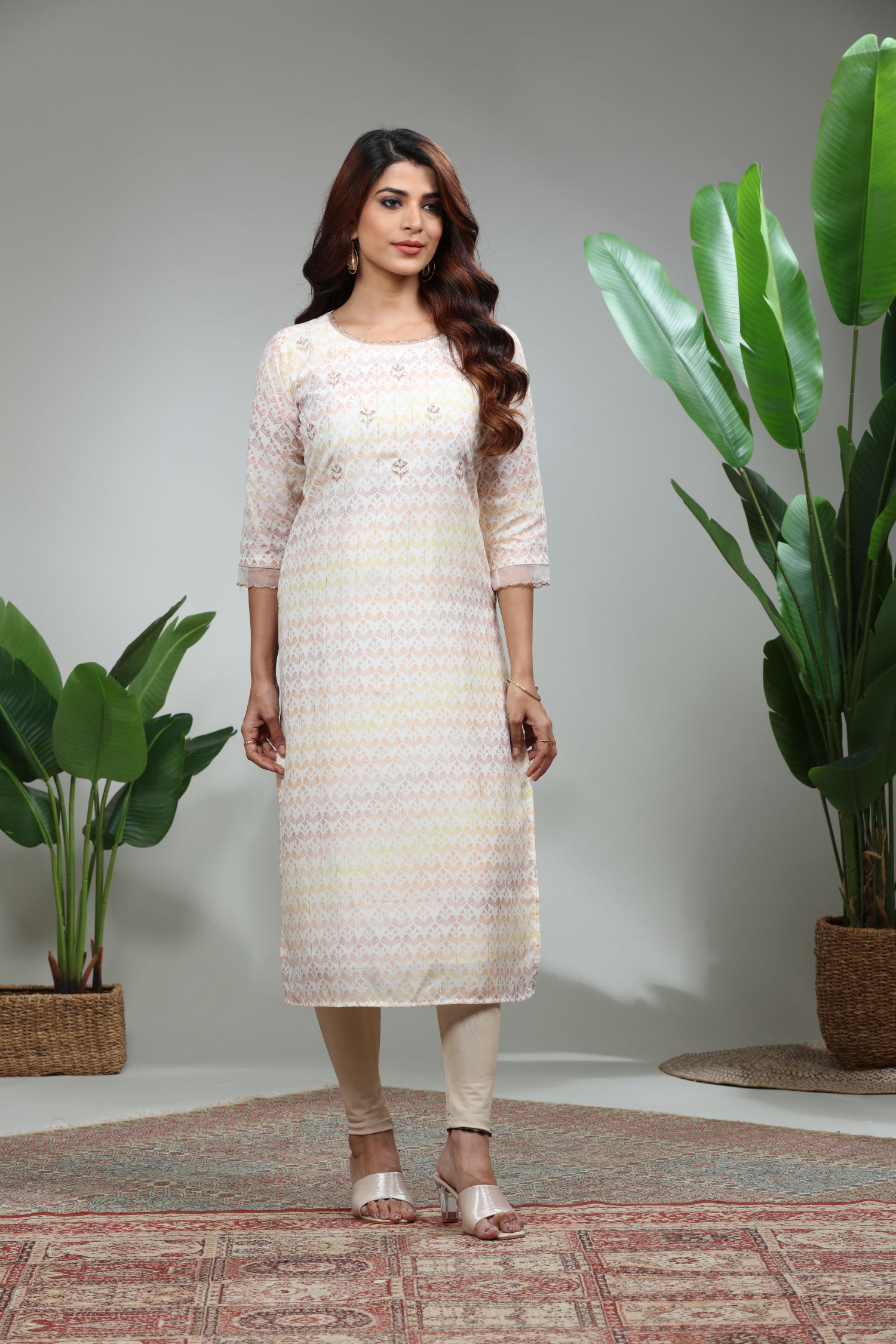 Cream Printed Straight Kurti