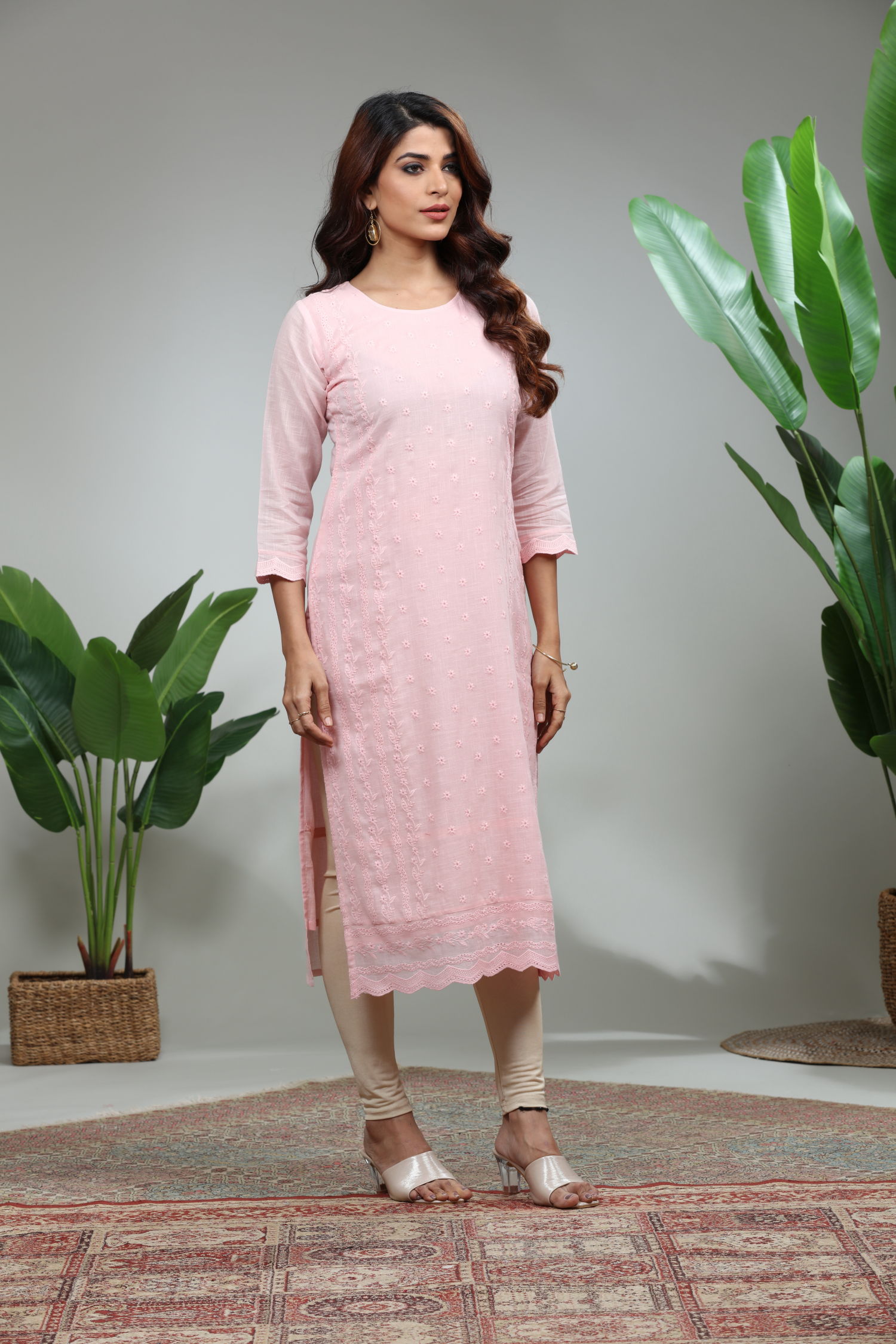 Baby Pink Printed Straight Kurti