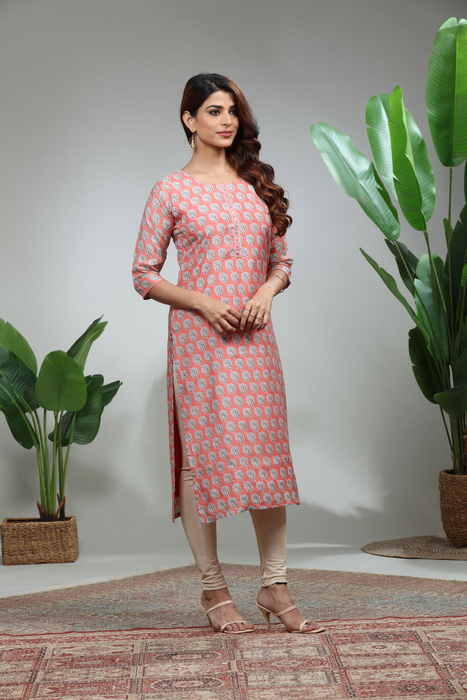 Peach Printed Straight Kurti