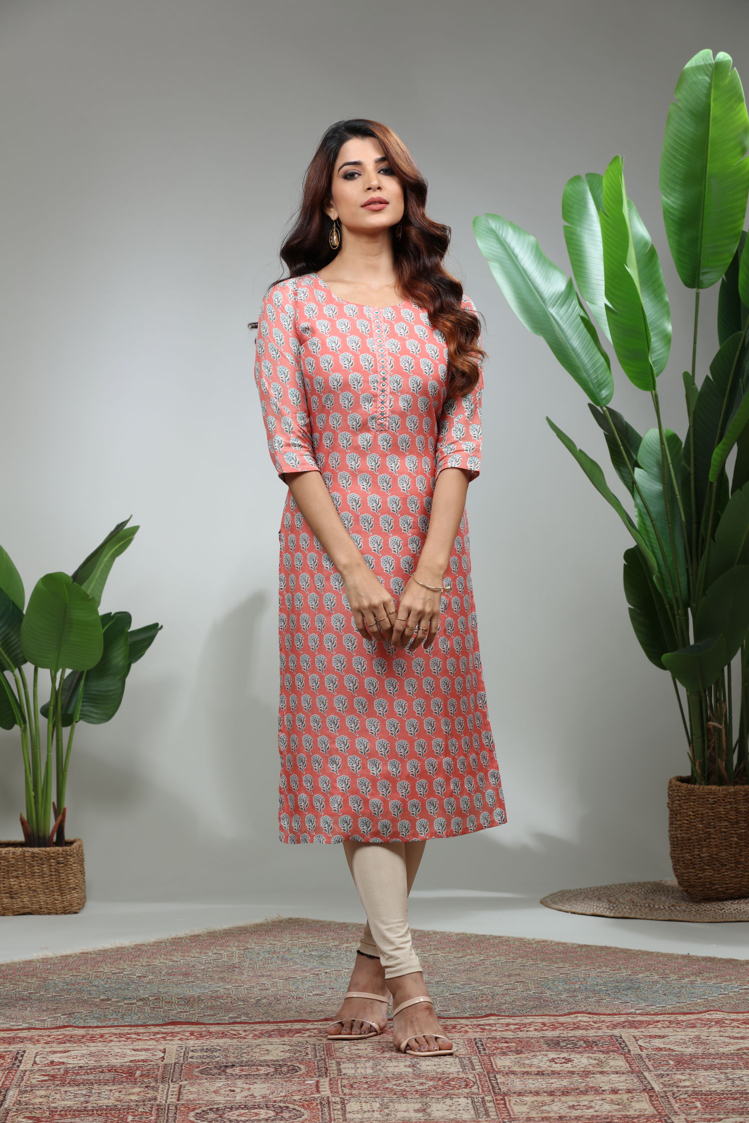 Peach Printed Straight Kurti