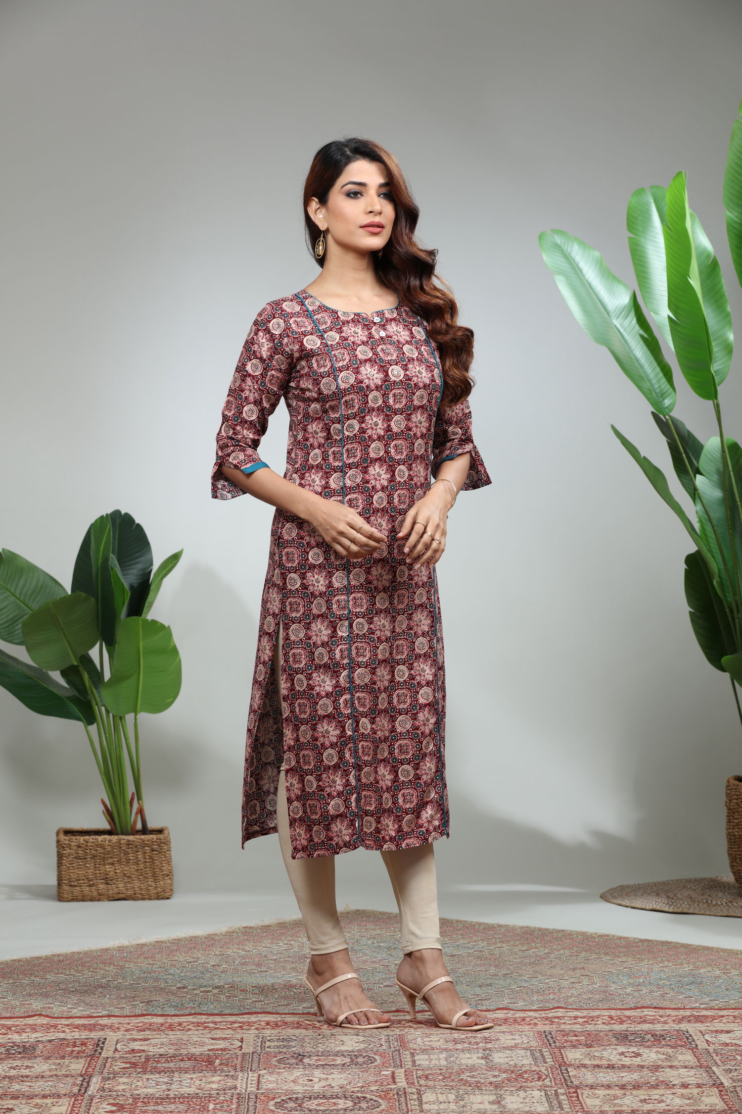 Maroon Printed Straight Kurti