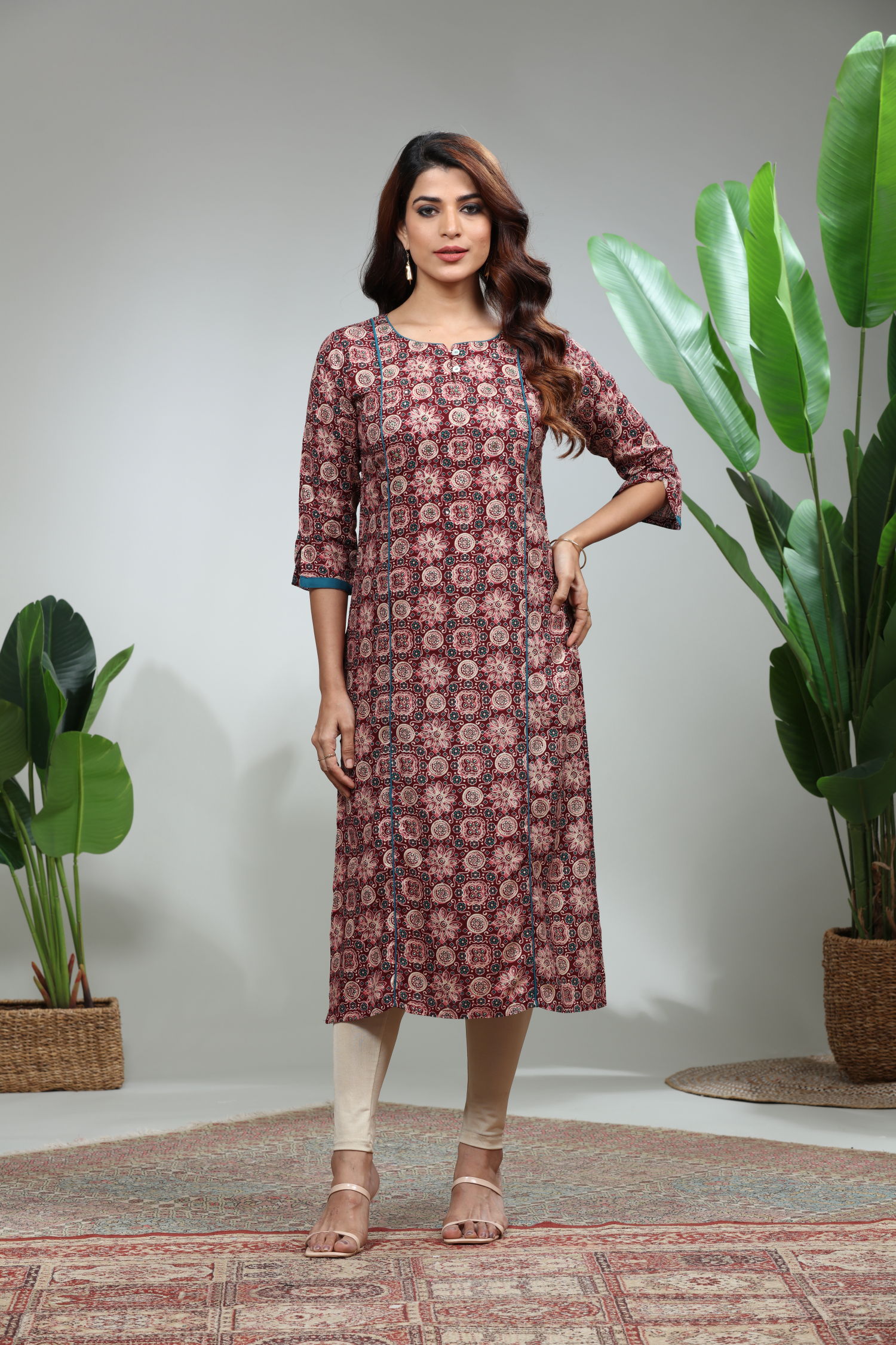 Maroon Printed Straight Kurti