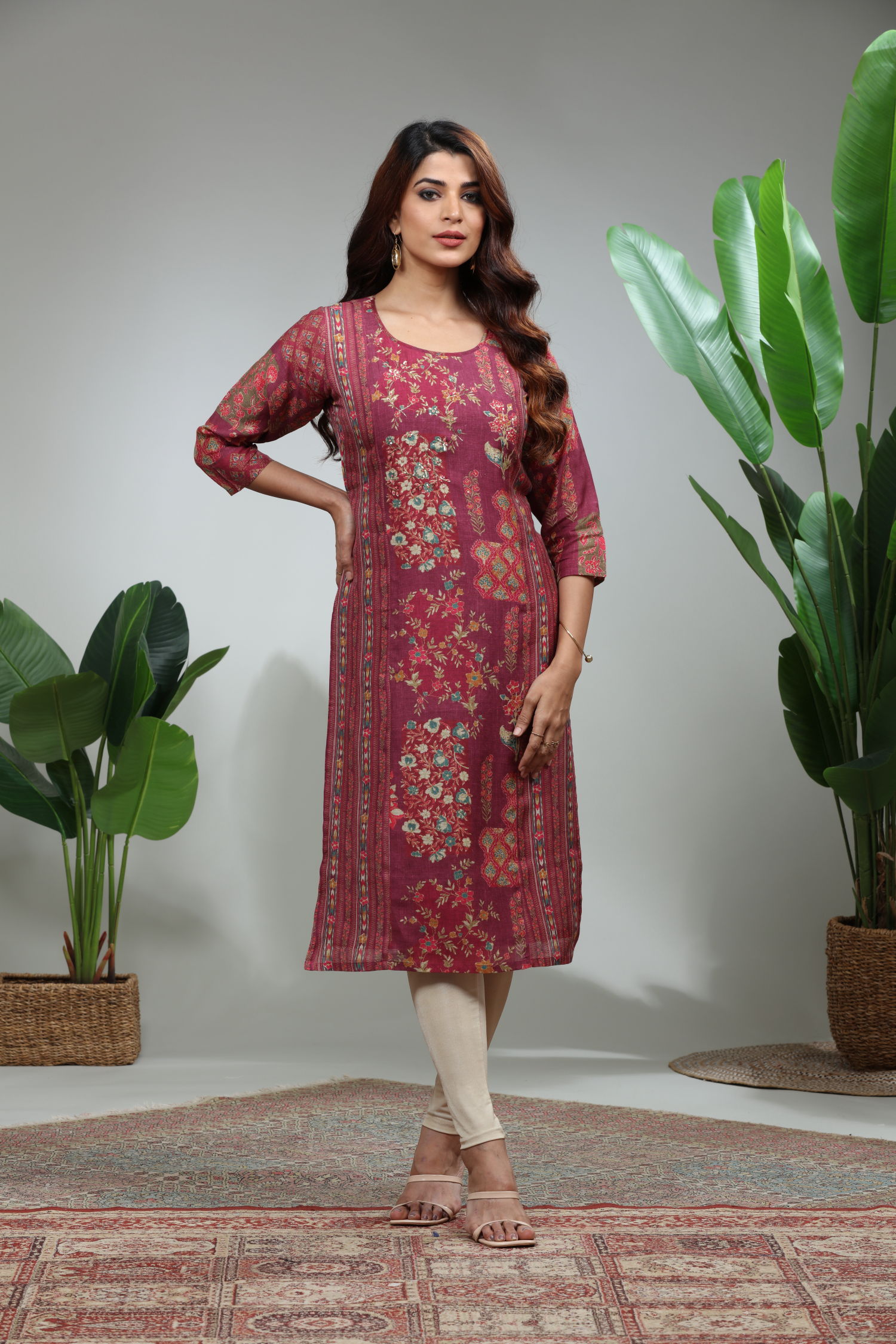 Red Printed Straight Kurti