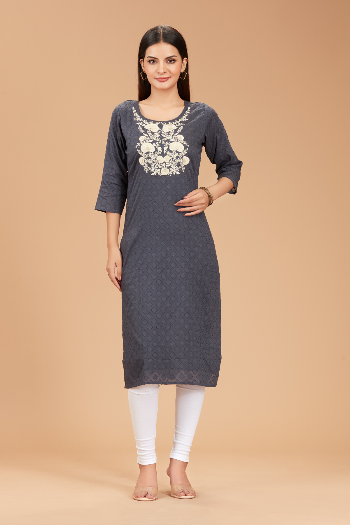 Grey Printed Straight Kurti