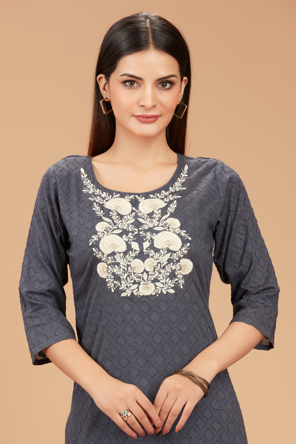 Grey Printed Straight Kurti