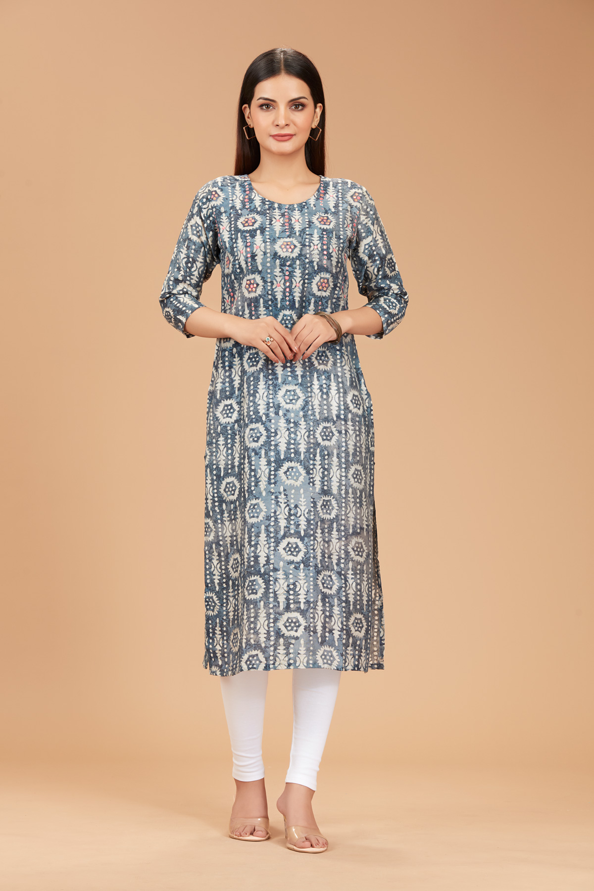 Navy Blue Printed Straight Kurti