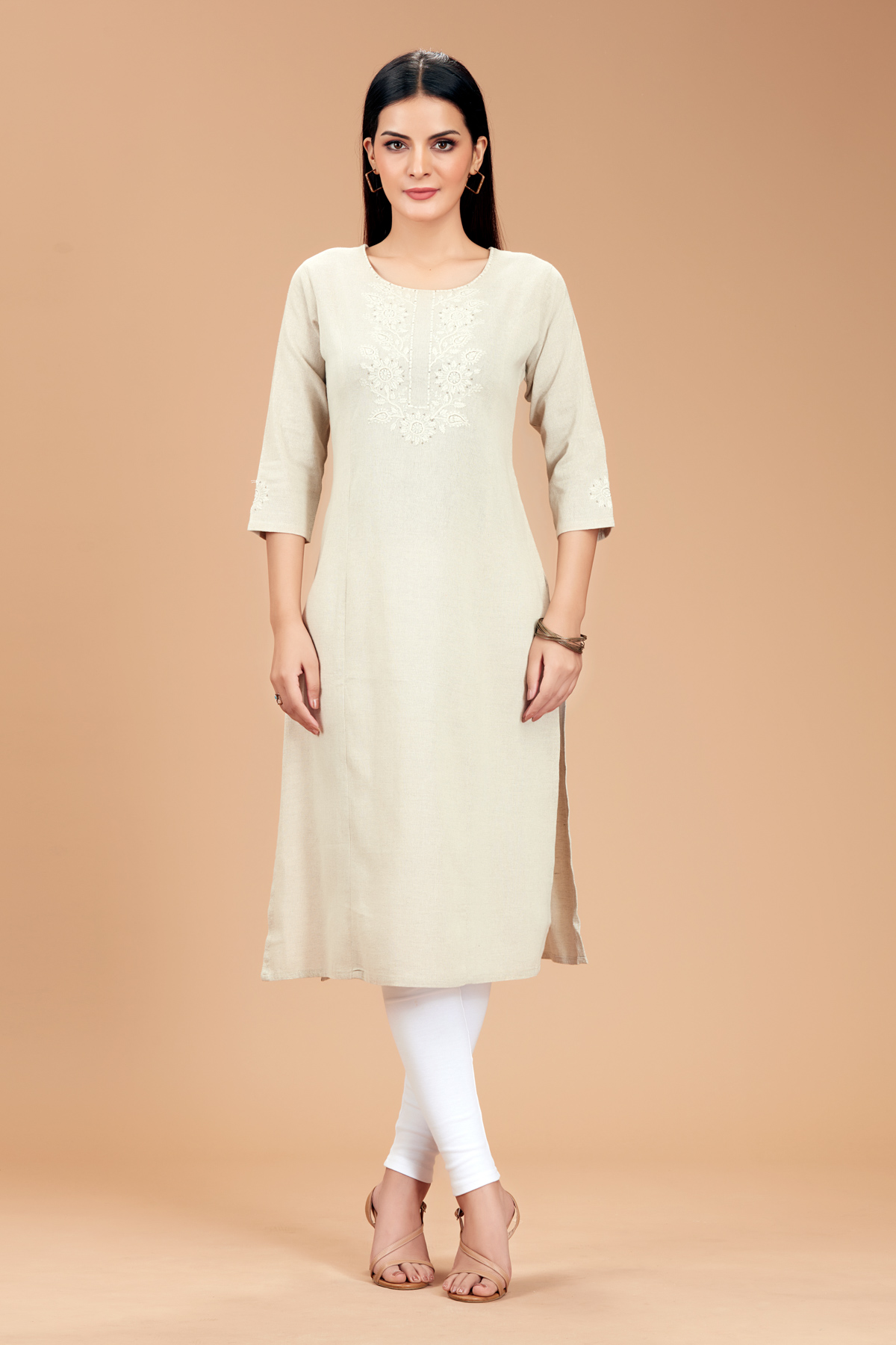 Beige Printed Straight Kurti