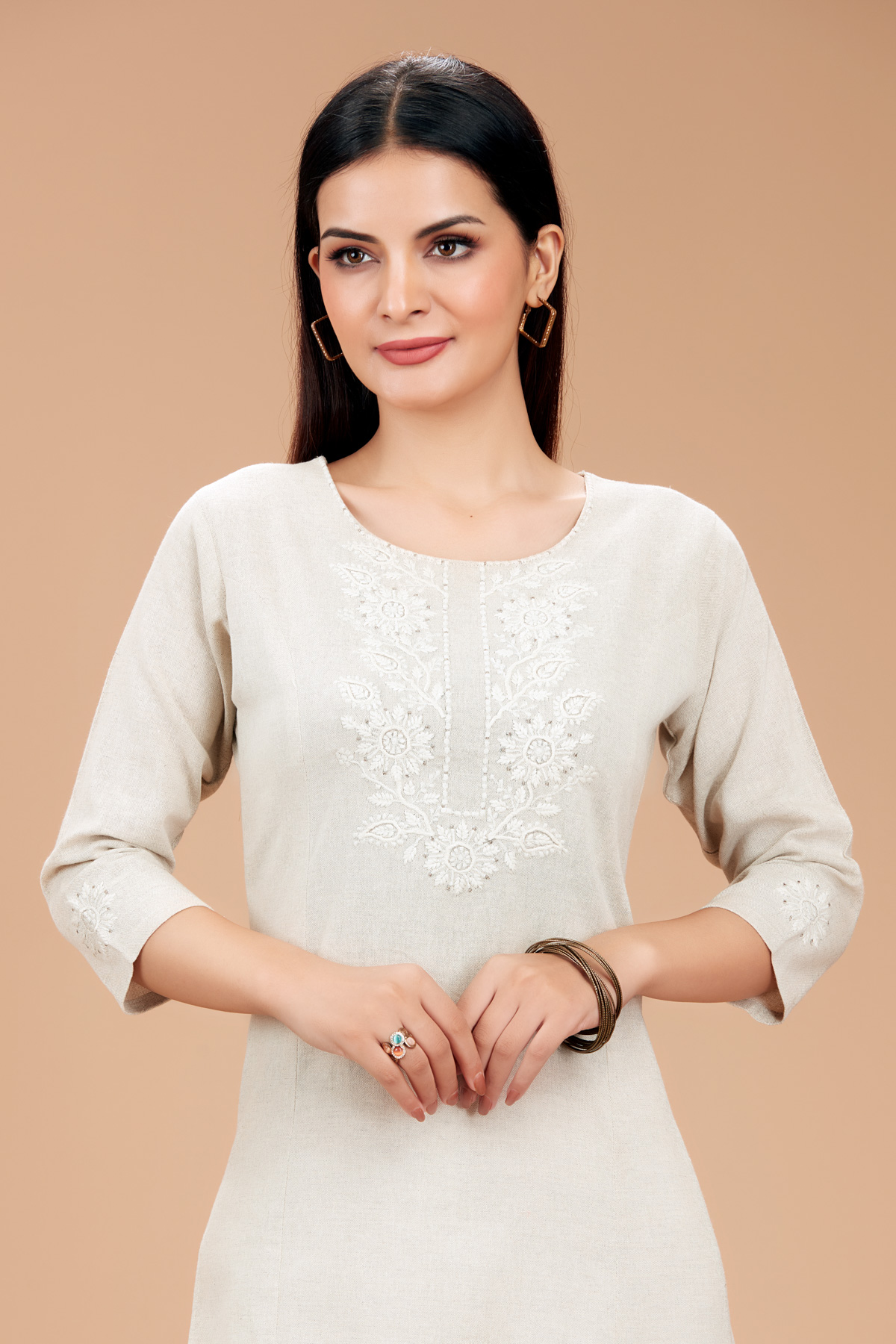 Beige Printed Straight Kurti