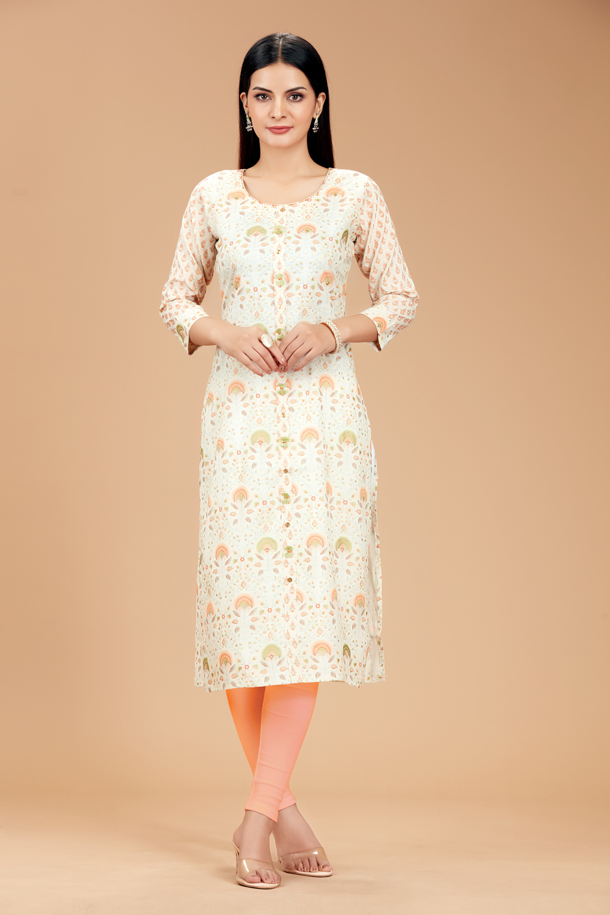 Cream Printed Straight Kurti