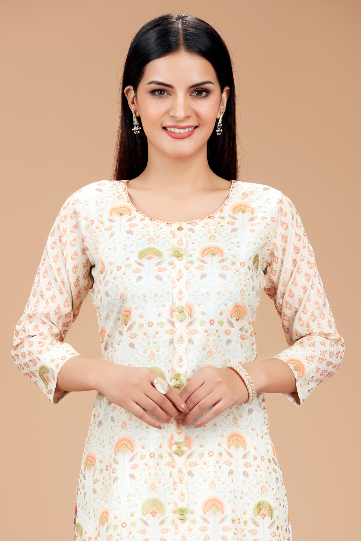 Cream Printed Straight Kurti