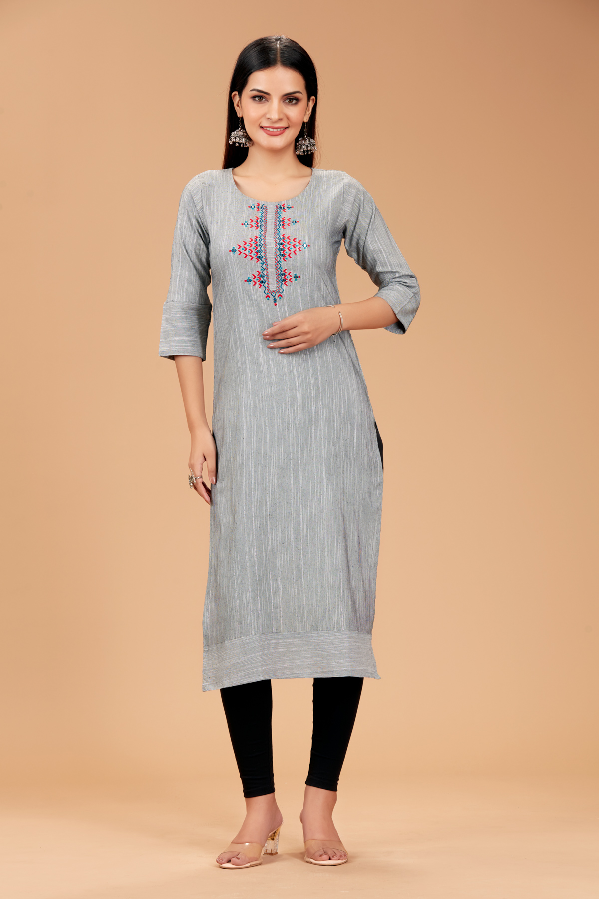 Grey Printed Straight Kurti