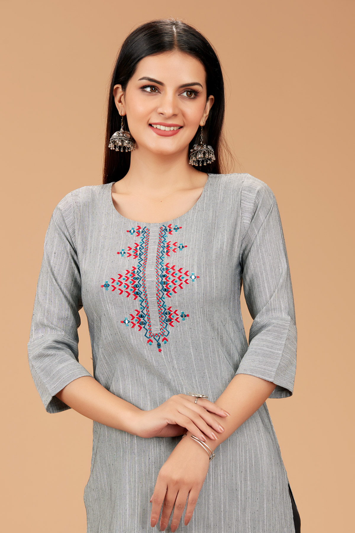 Grey Printed Straight Kurti