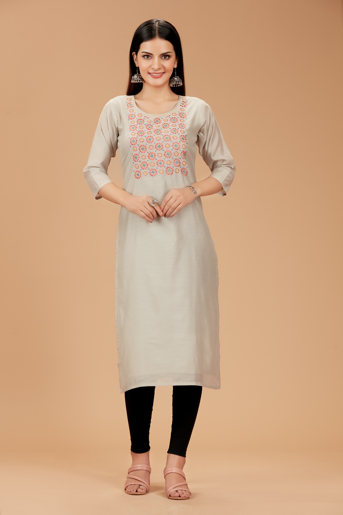 Grey Printed Straight Kurti