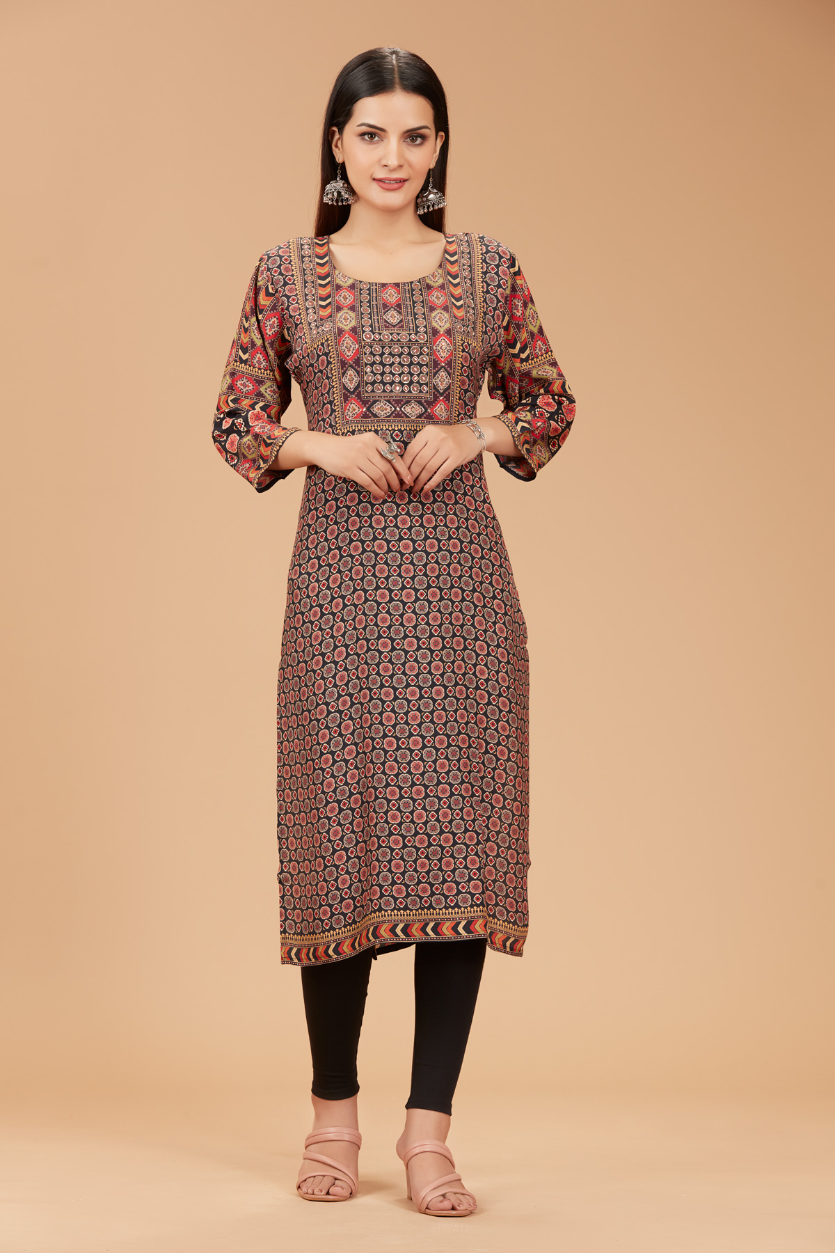 Black Printed Straight Kurti