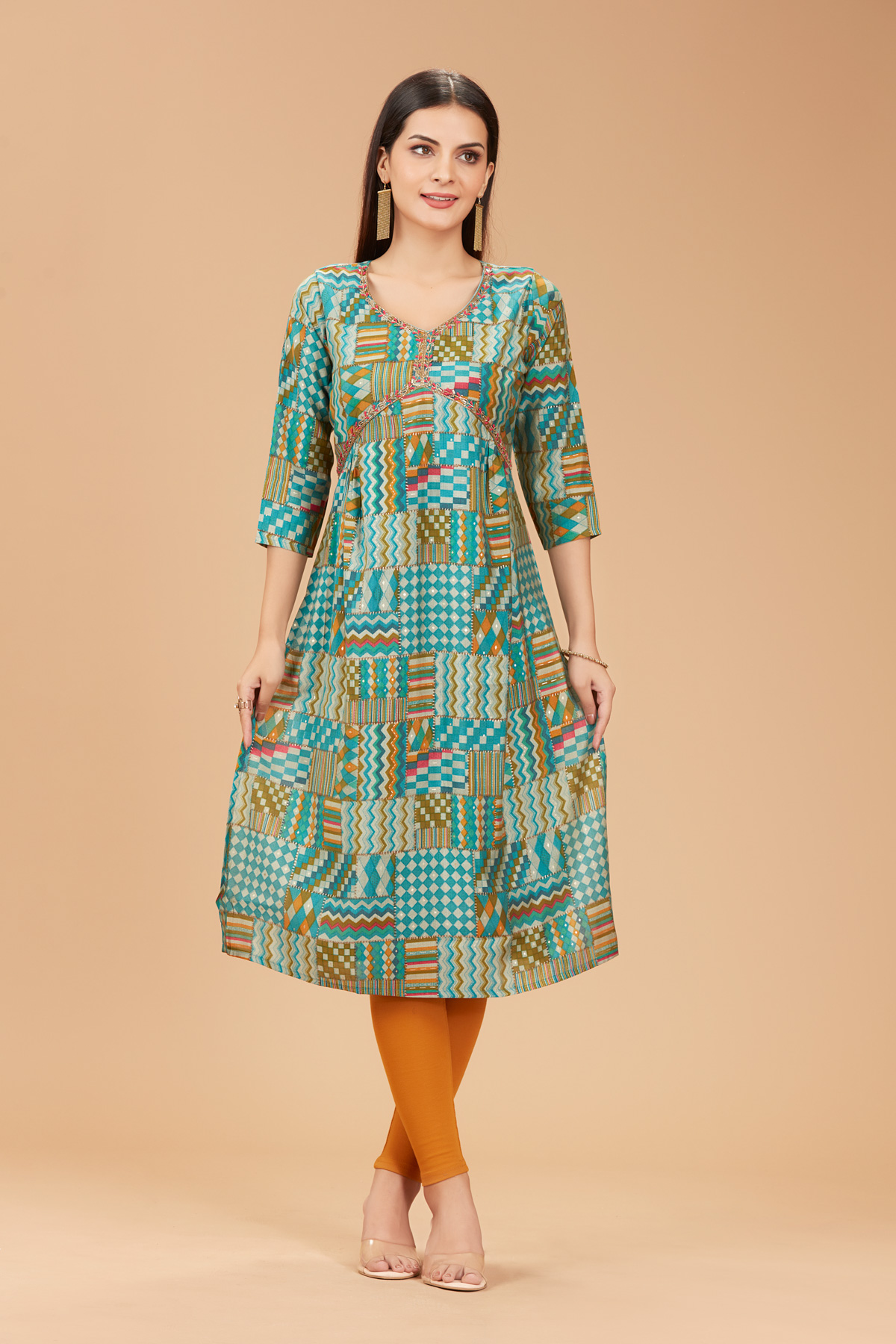 Green Printed Straight Kurti