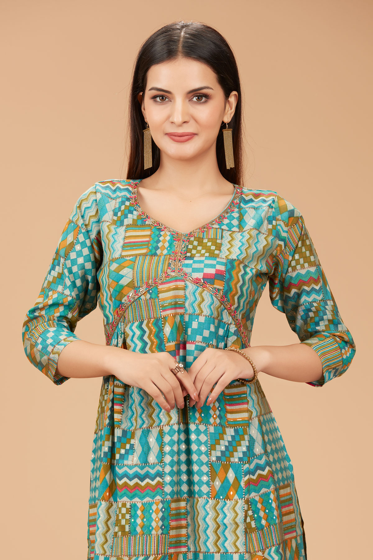 Green Printed Straight Kurti