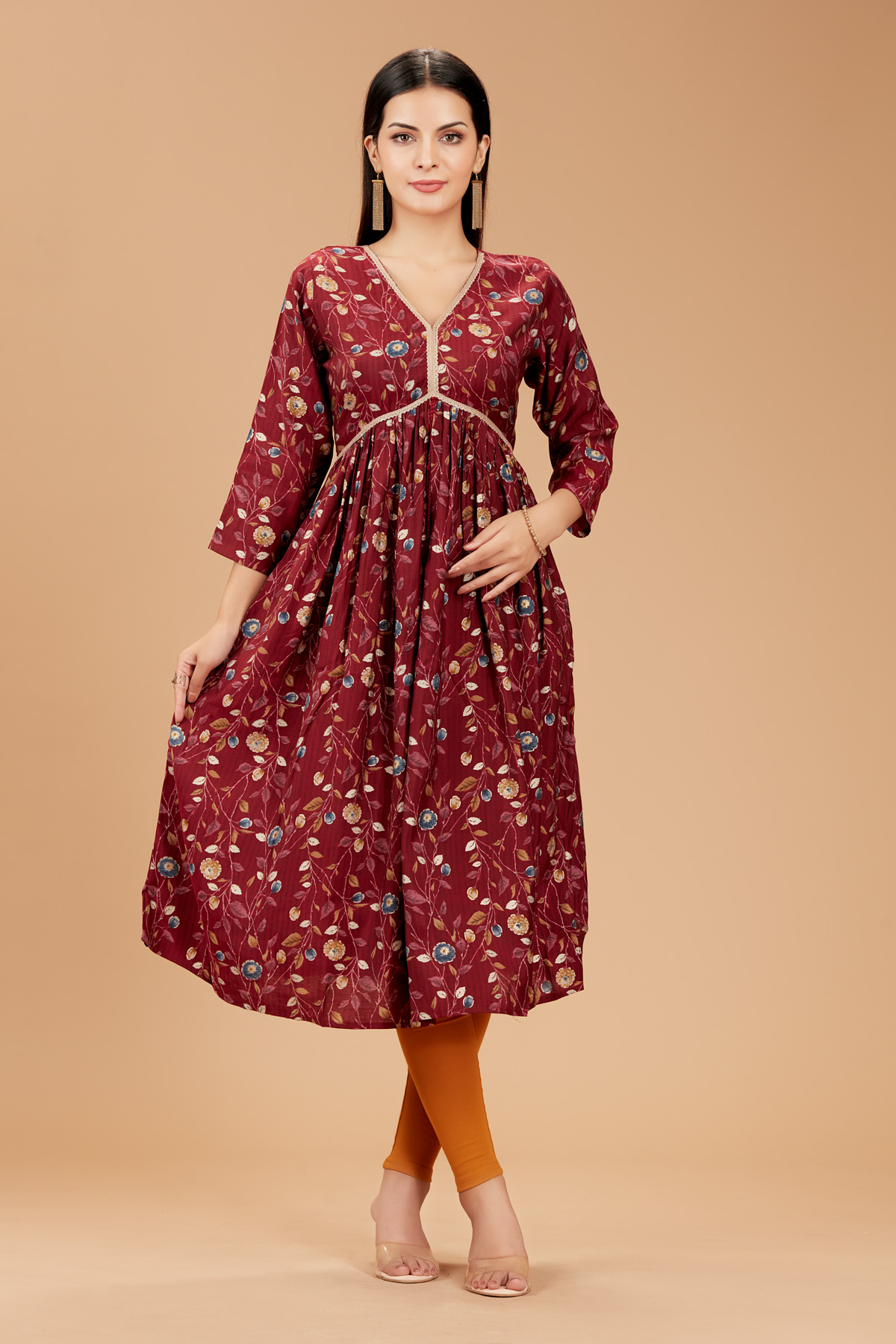 Red Printed Straight Kurti