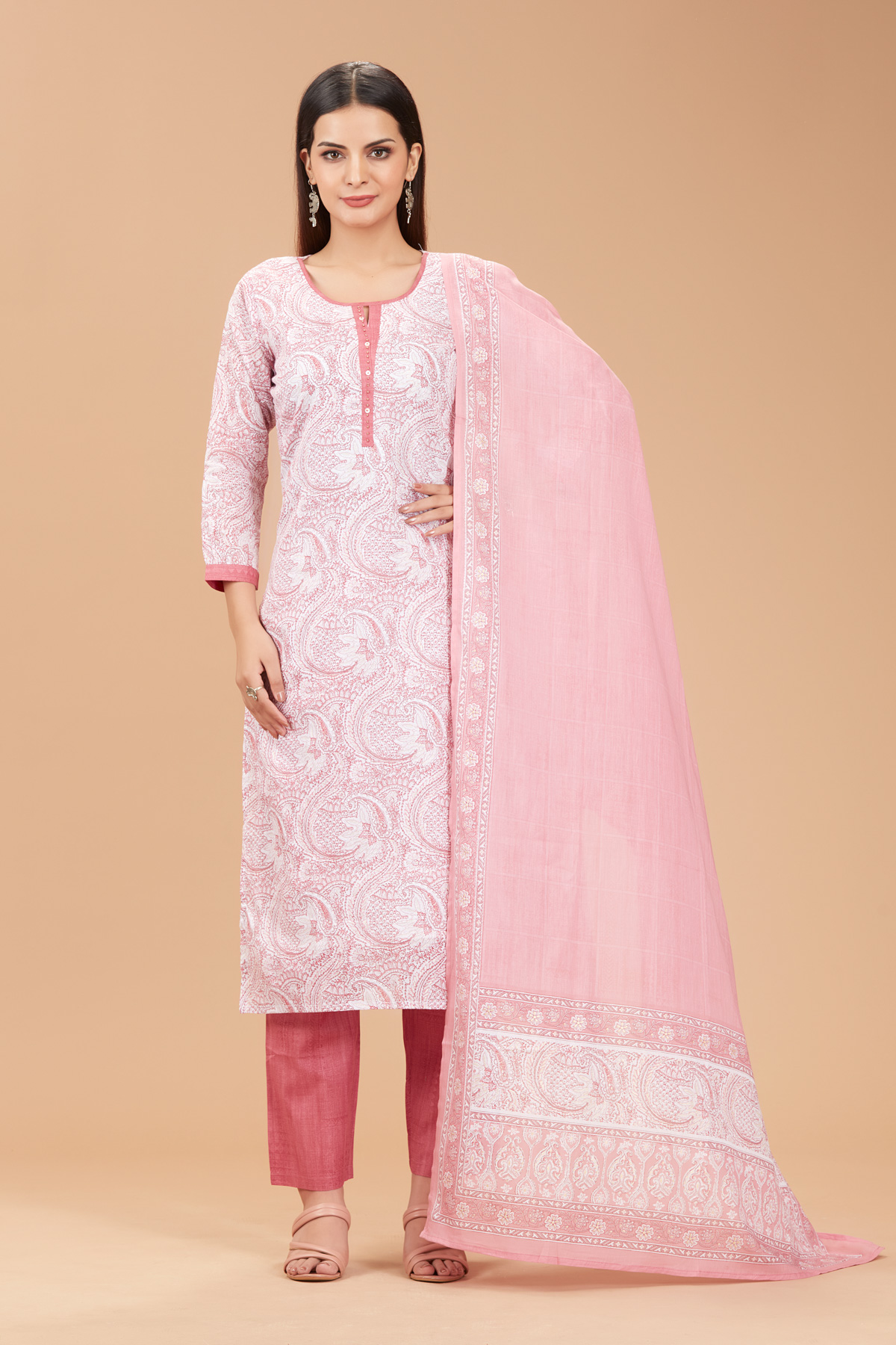 White & Pink 3 Piece Suit Set With Dupatta