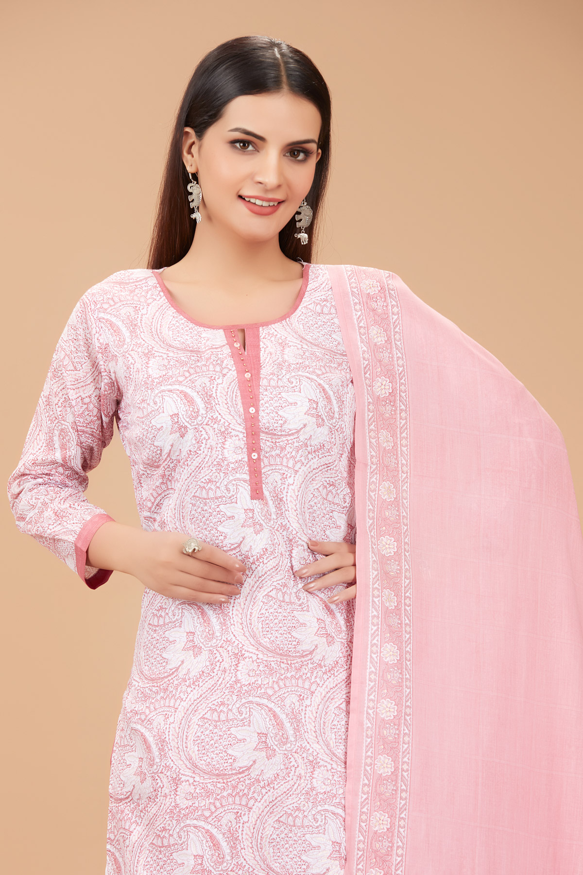 White & Pink 3 Piece Suit Set With Dupatta