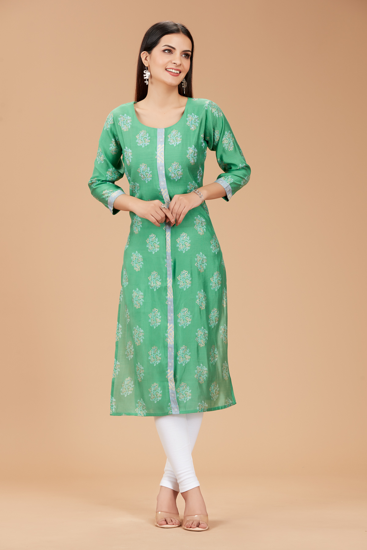 Green Printed Straight Kurti