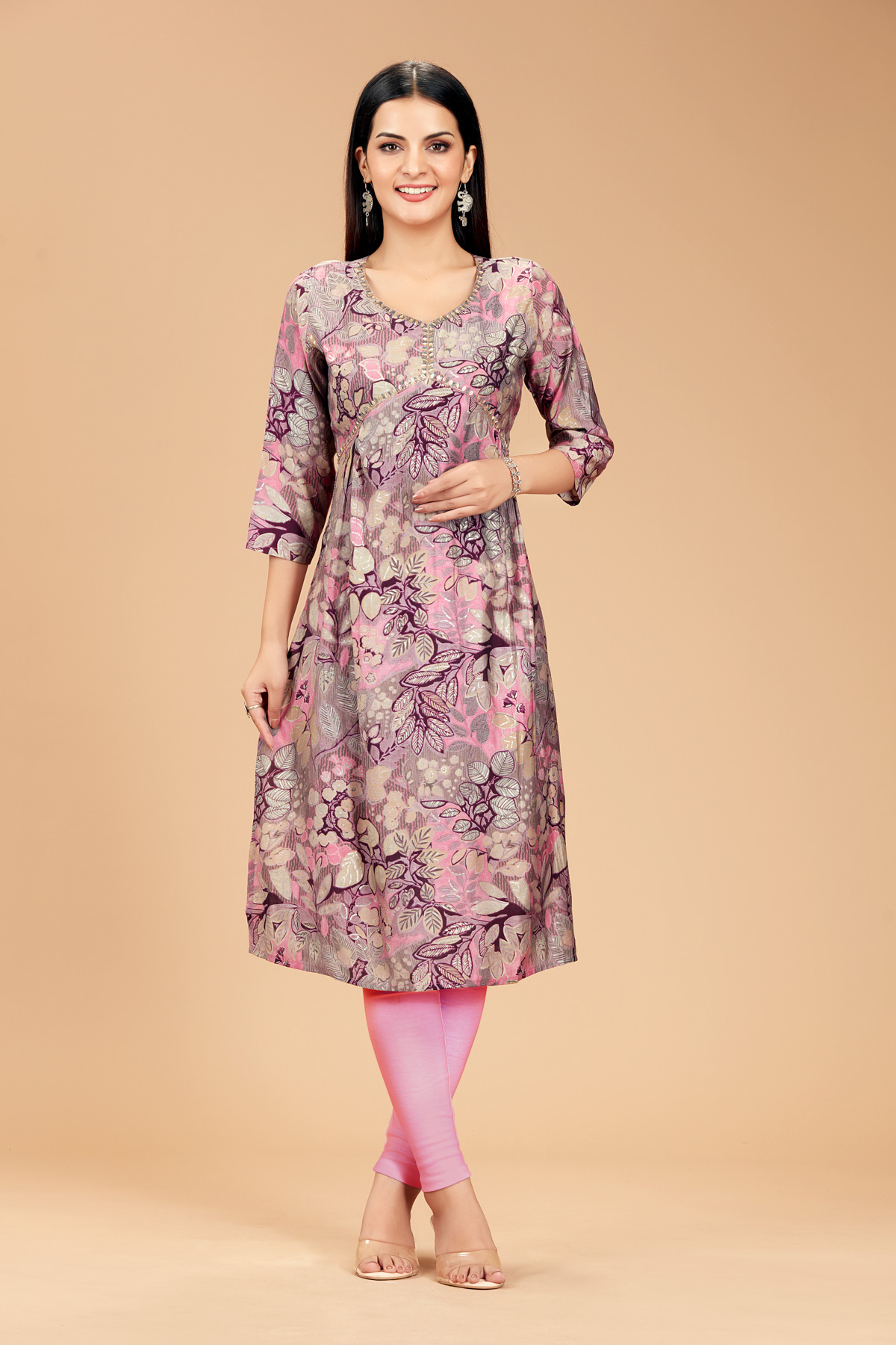 Pink Printed Straight Kurti