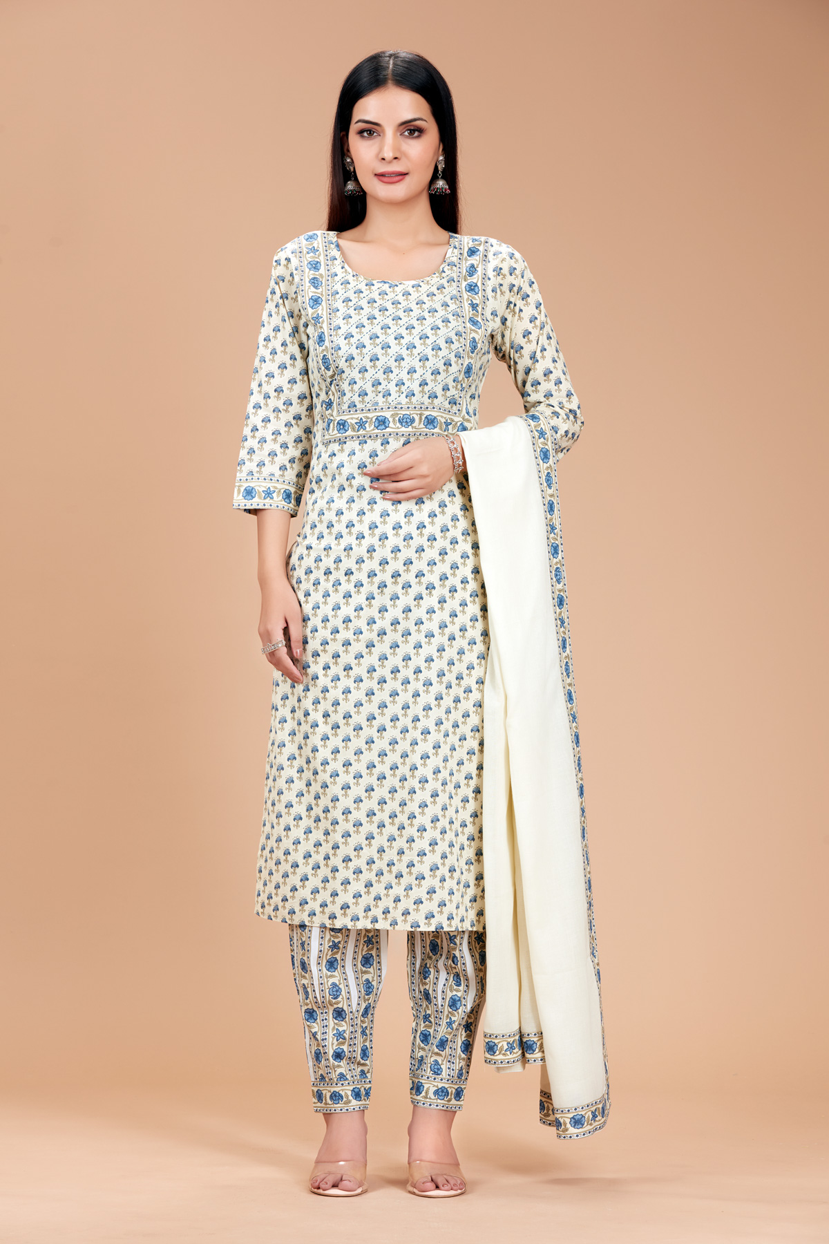 Cream 3 Piece Suit Set With Dupatta