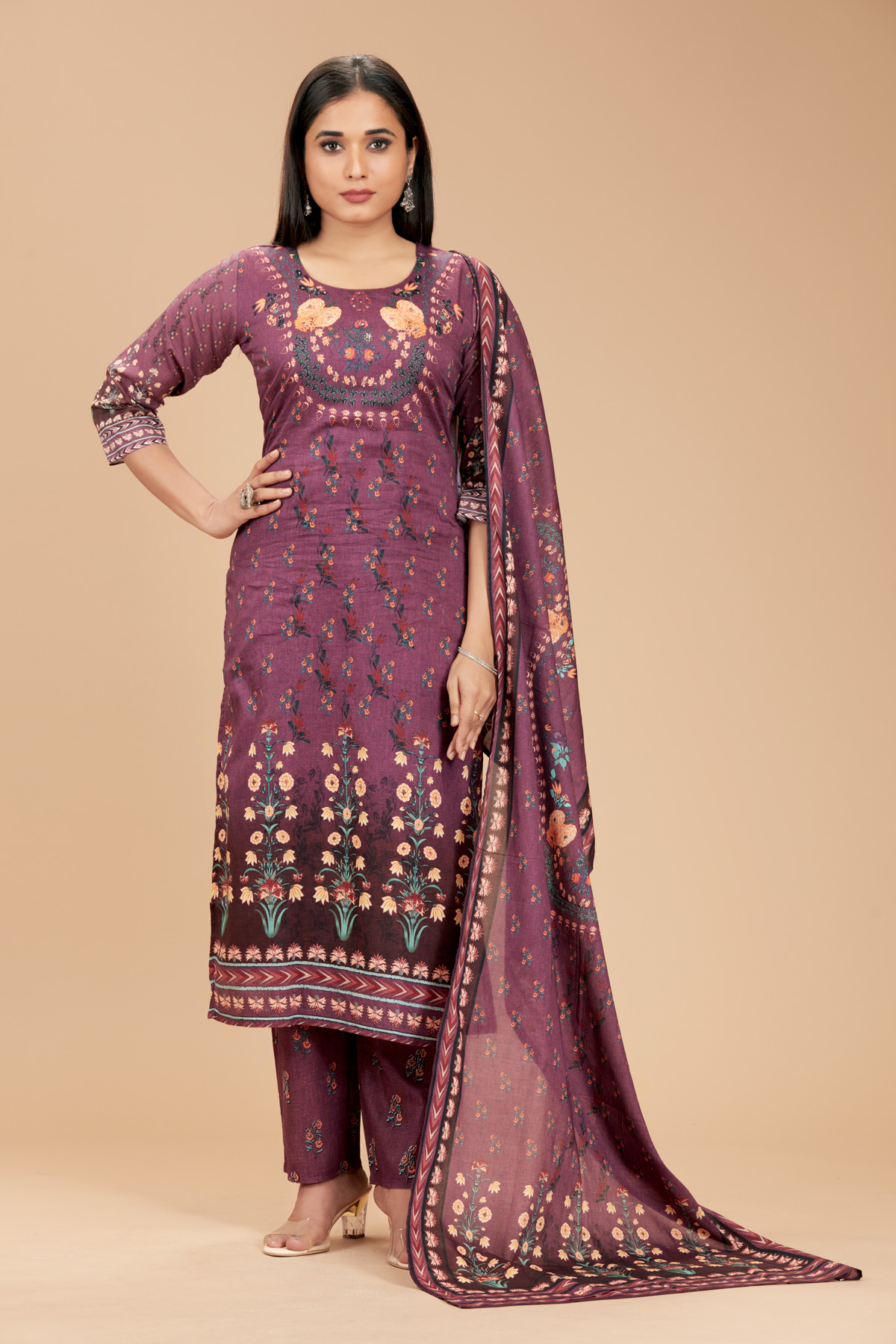 Purple 3 Piece Suit Set With Dupatta