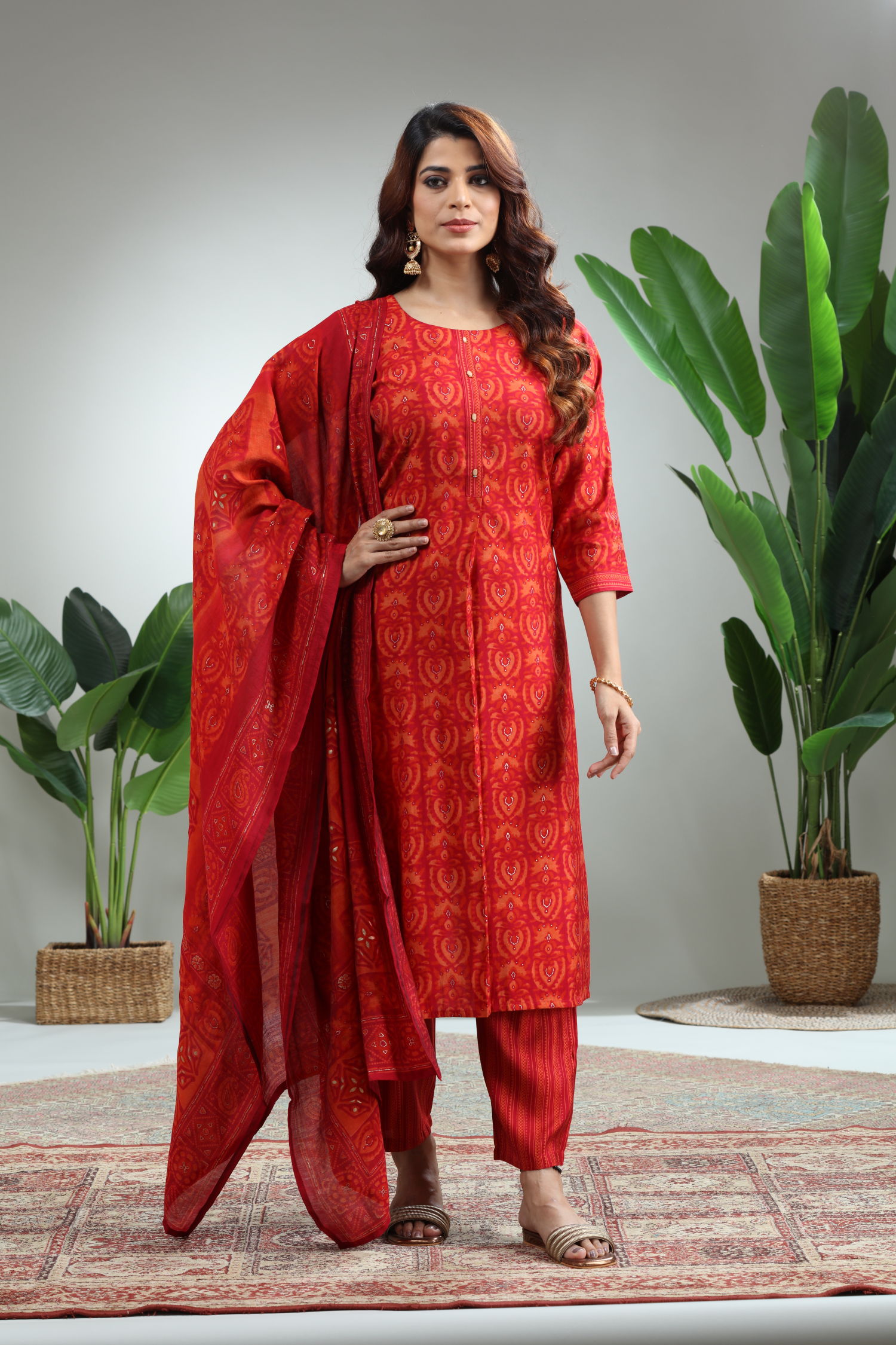 Red 3 Piece Suit Set With Dupatta