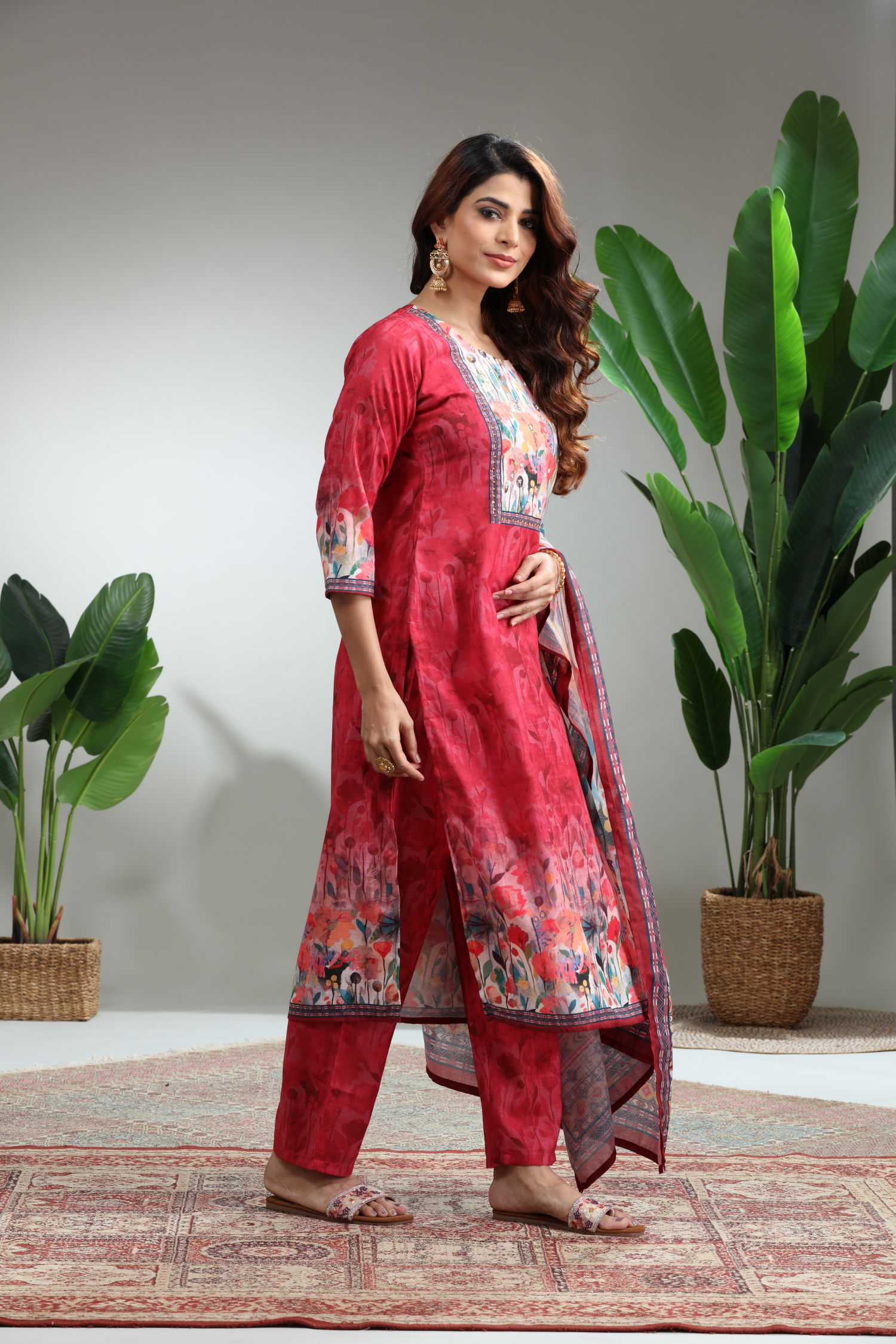 Red 3 Piece Suit Set With Dupatta