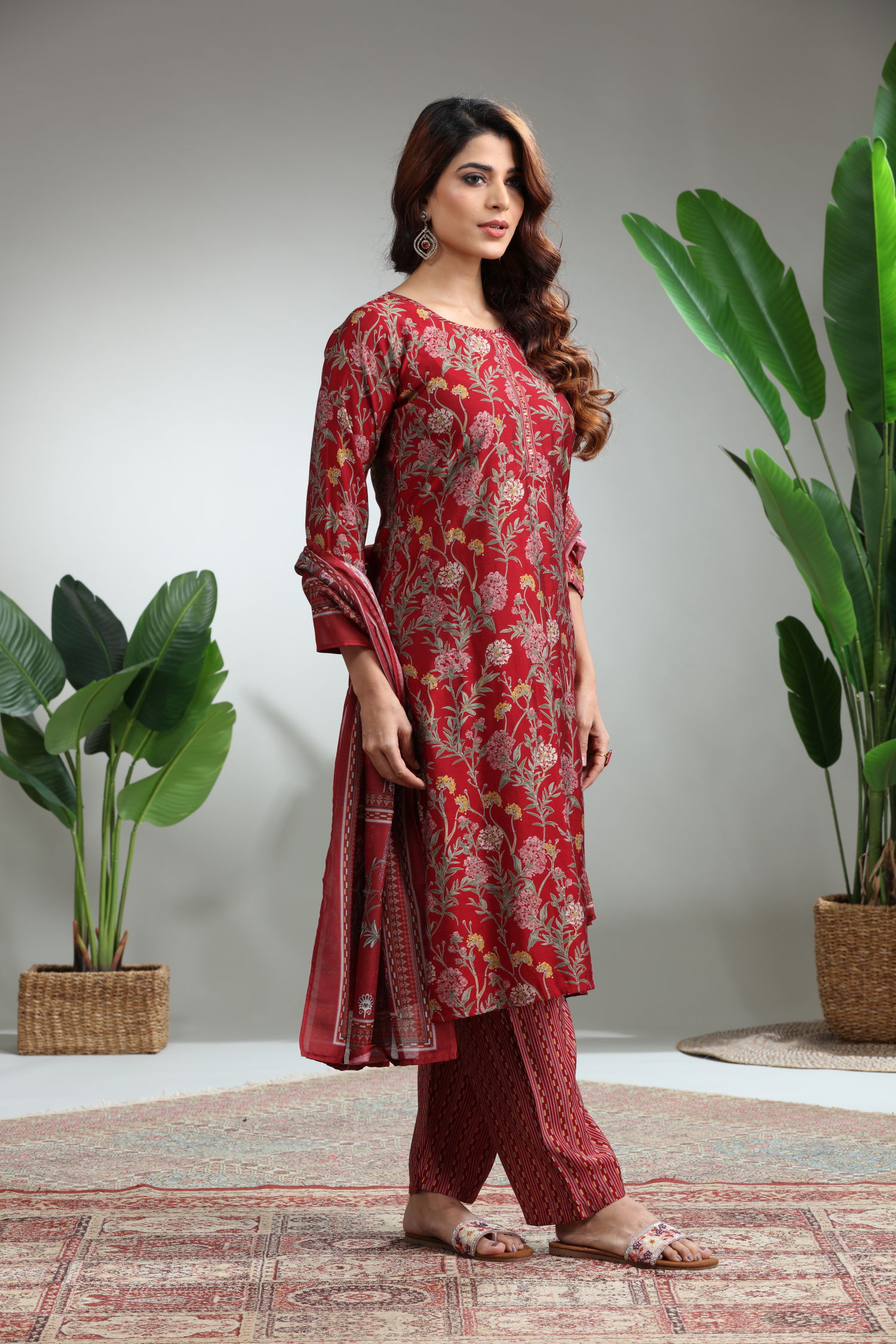 Red 3 Piece Suit Set With Dupatta