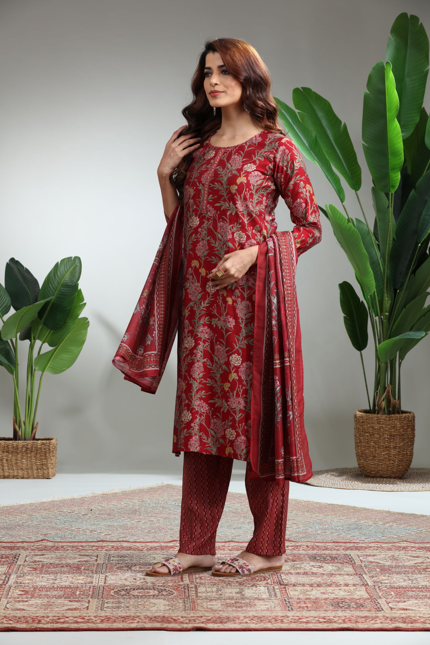 Red 3 Piece Suit Set With Dupatta