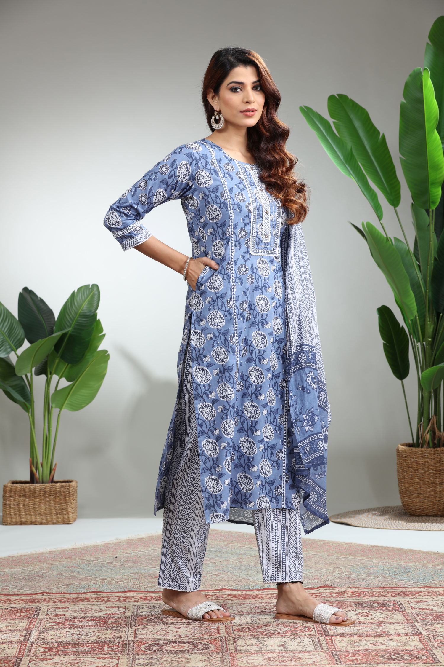 Blue 3-Piece Suit Set with Dupatta