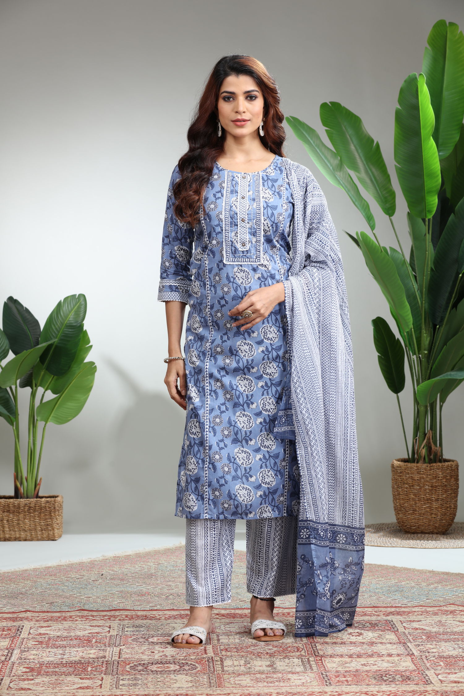 Blue 3-Piece Suit Set with Dupatta