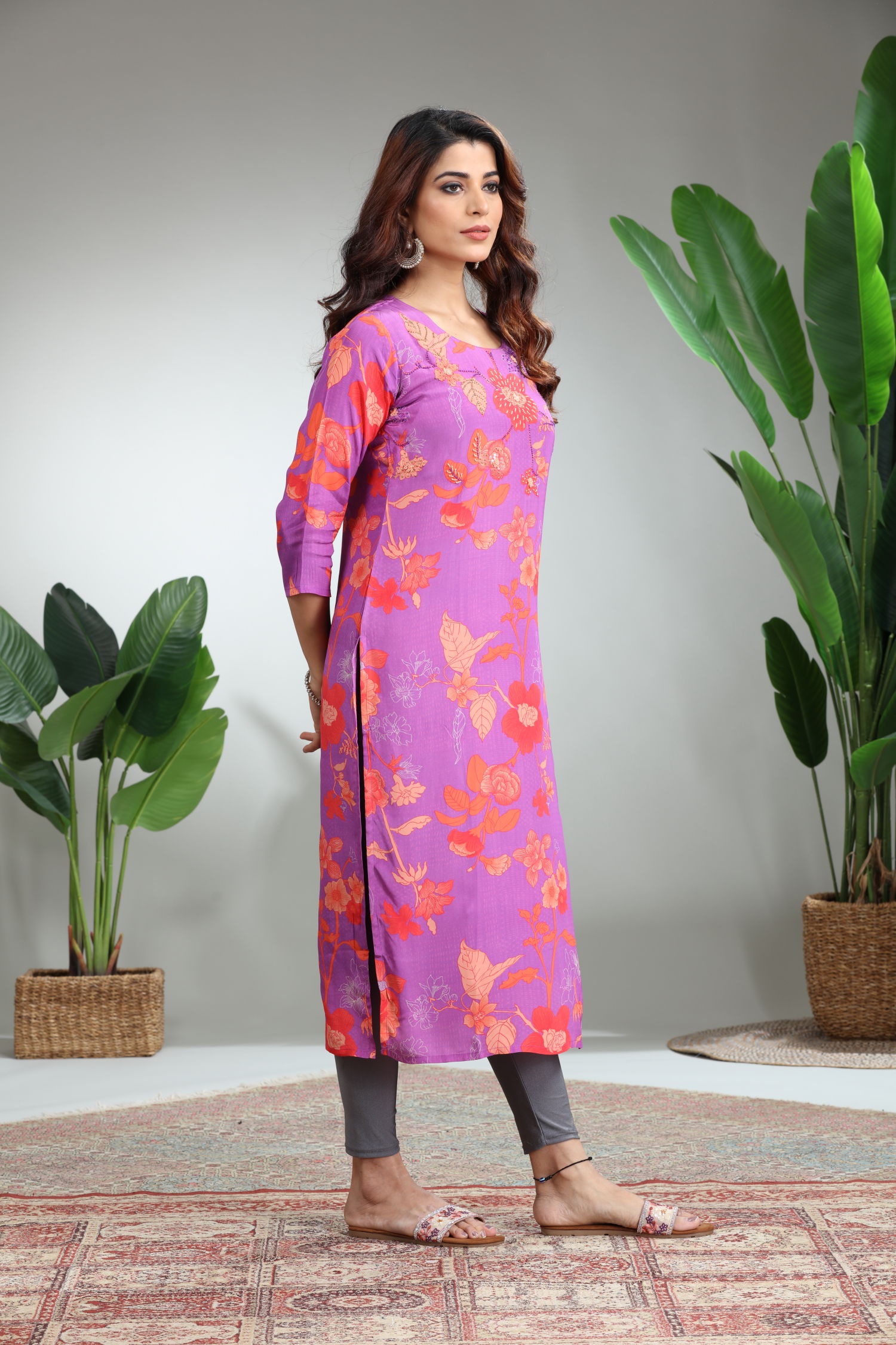 Lavender Printed Straight Kurti