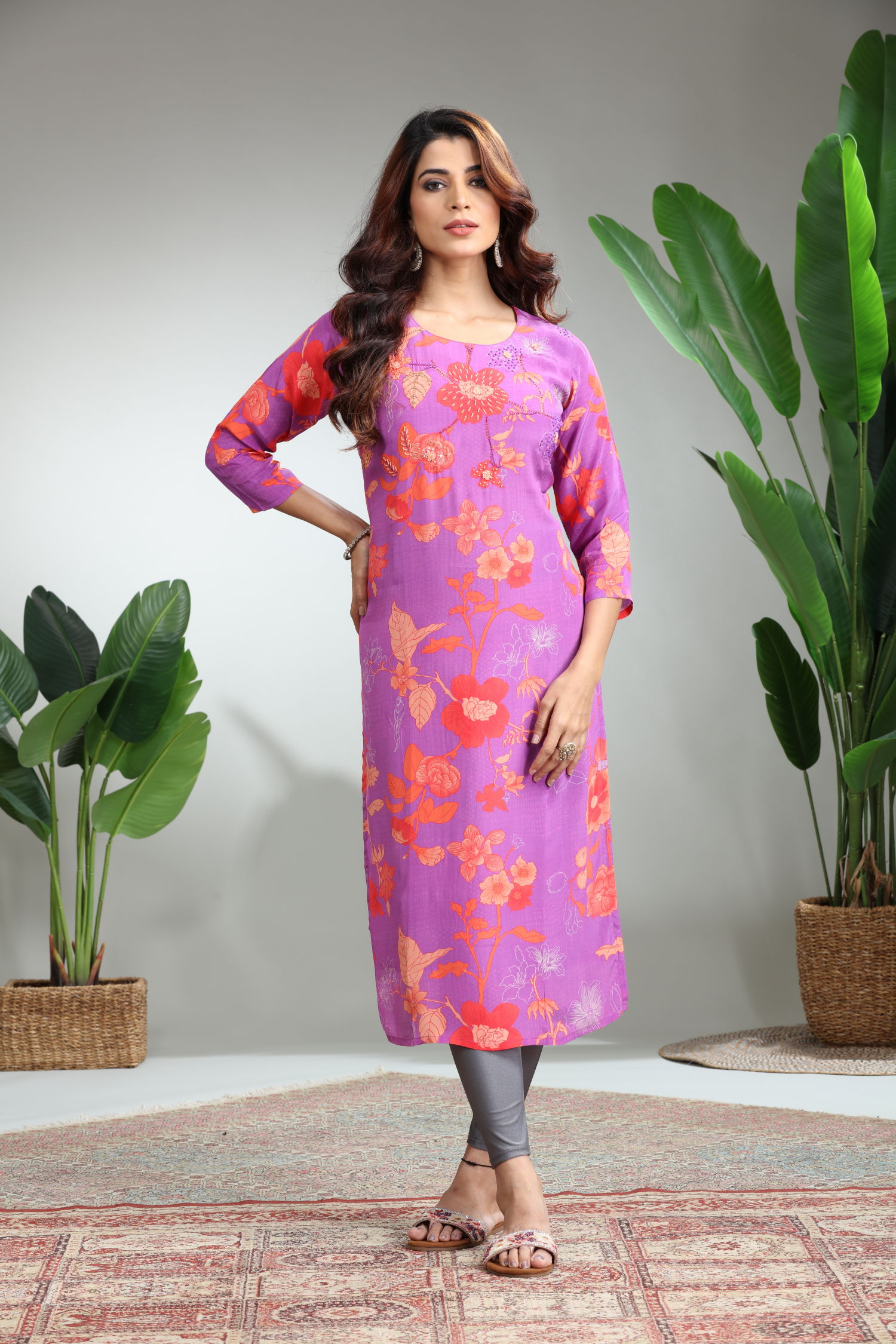 Lavender Printed Straight Kurti