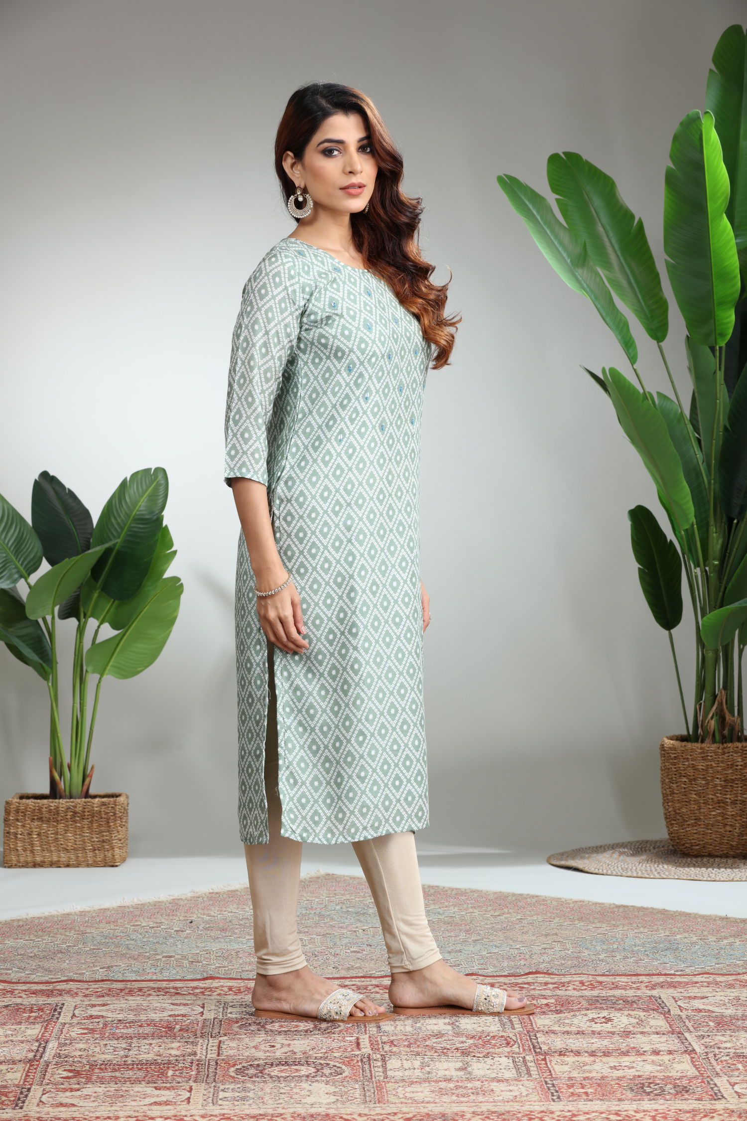 Green Printed Straight Kurti