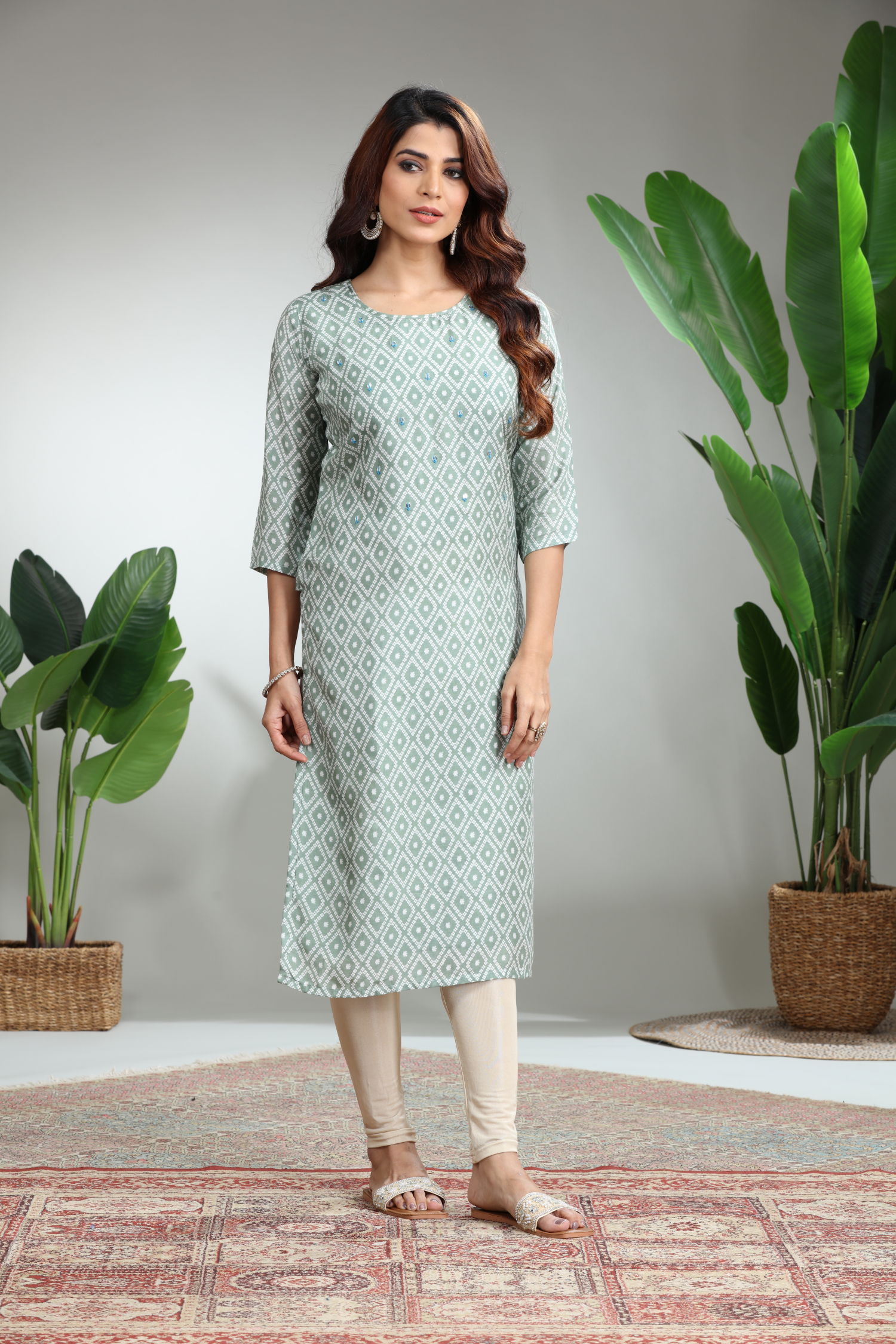 Green Printed Straight Kurti