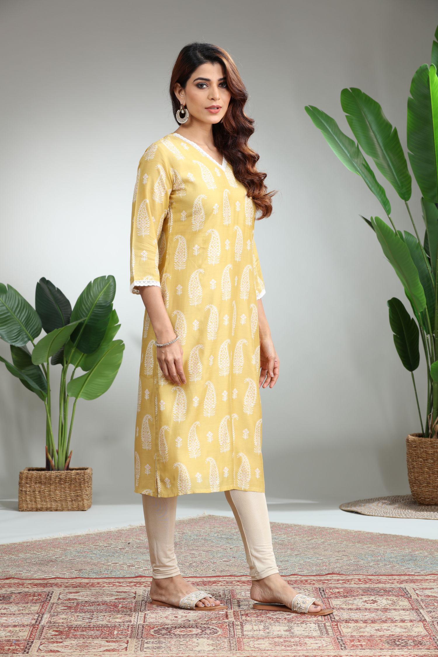 Yellow Printed Straight Kurti