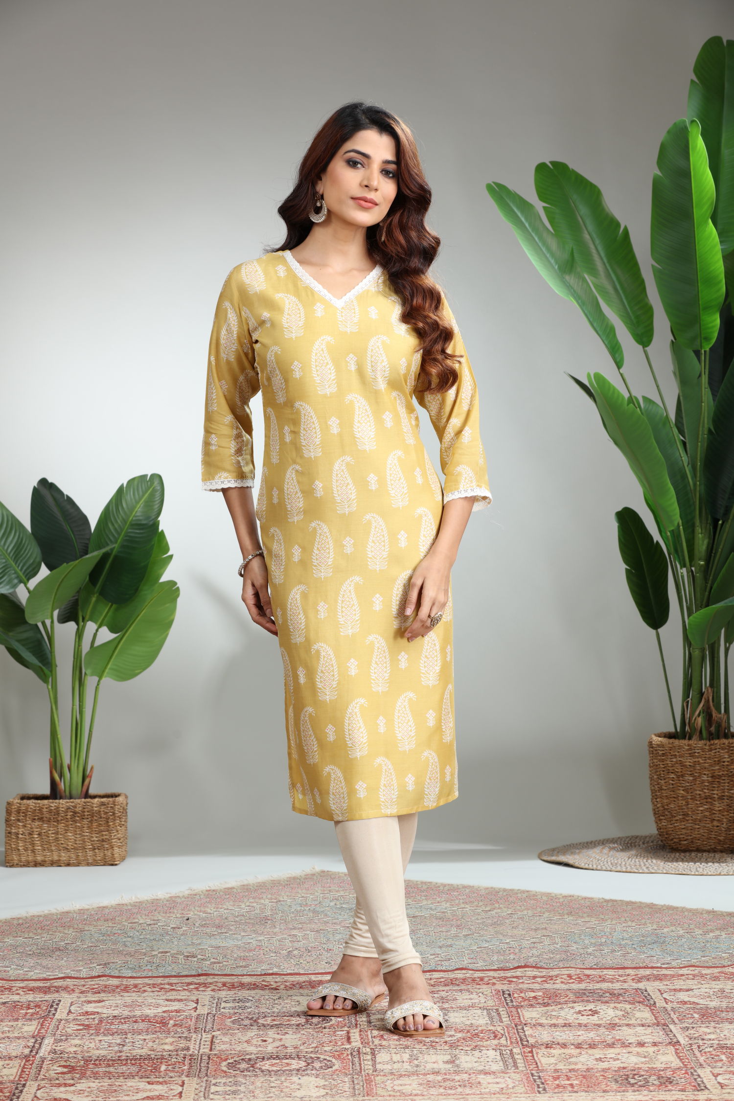 Yellow Printed Straight Kurti