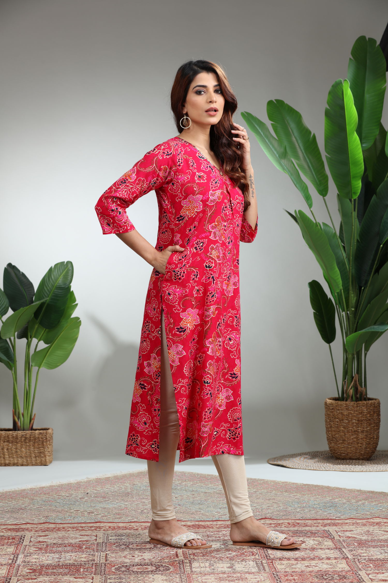 Red Printed Straight Kurti