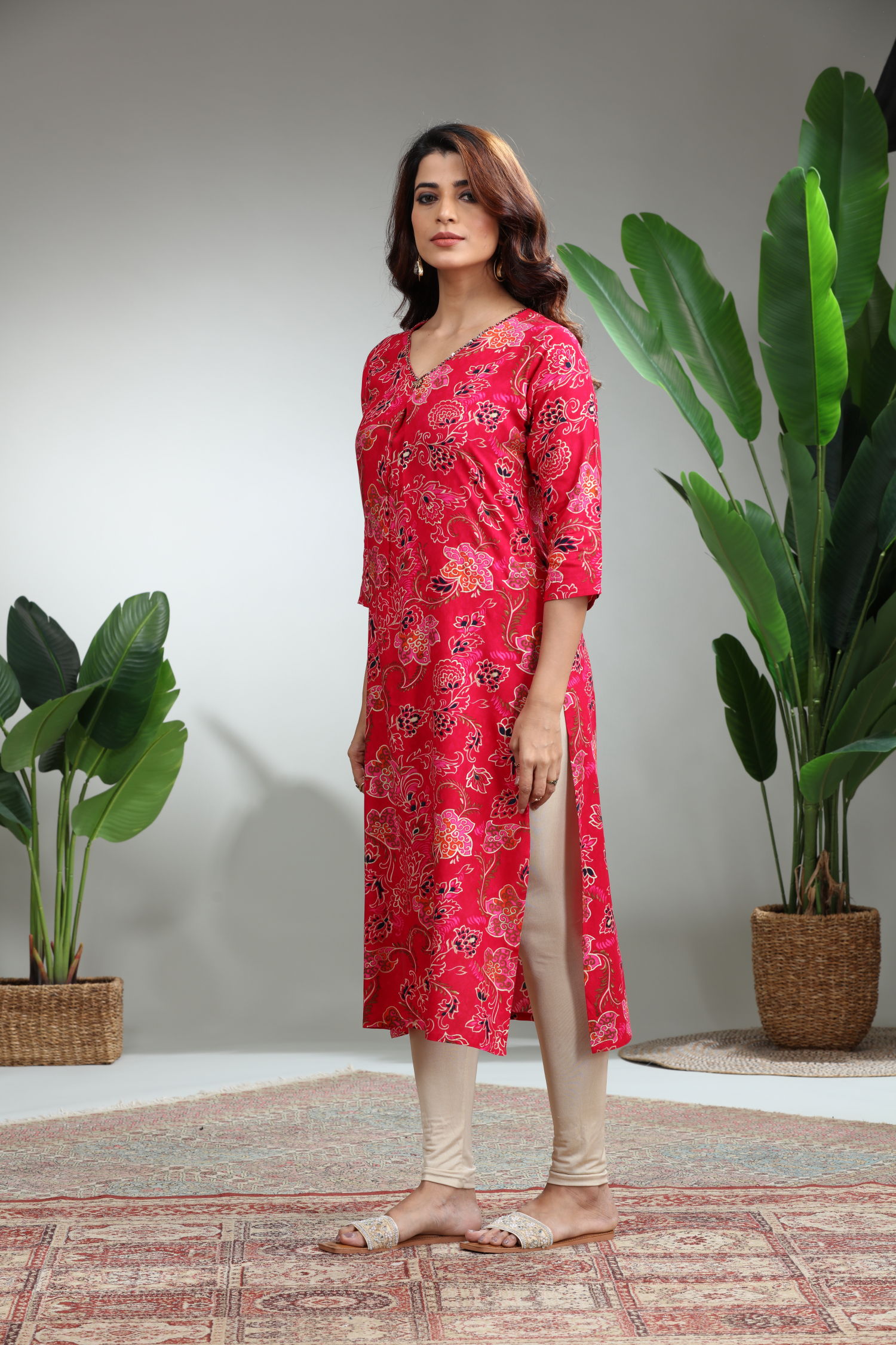 Red Printed Straight Kurti