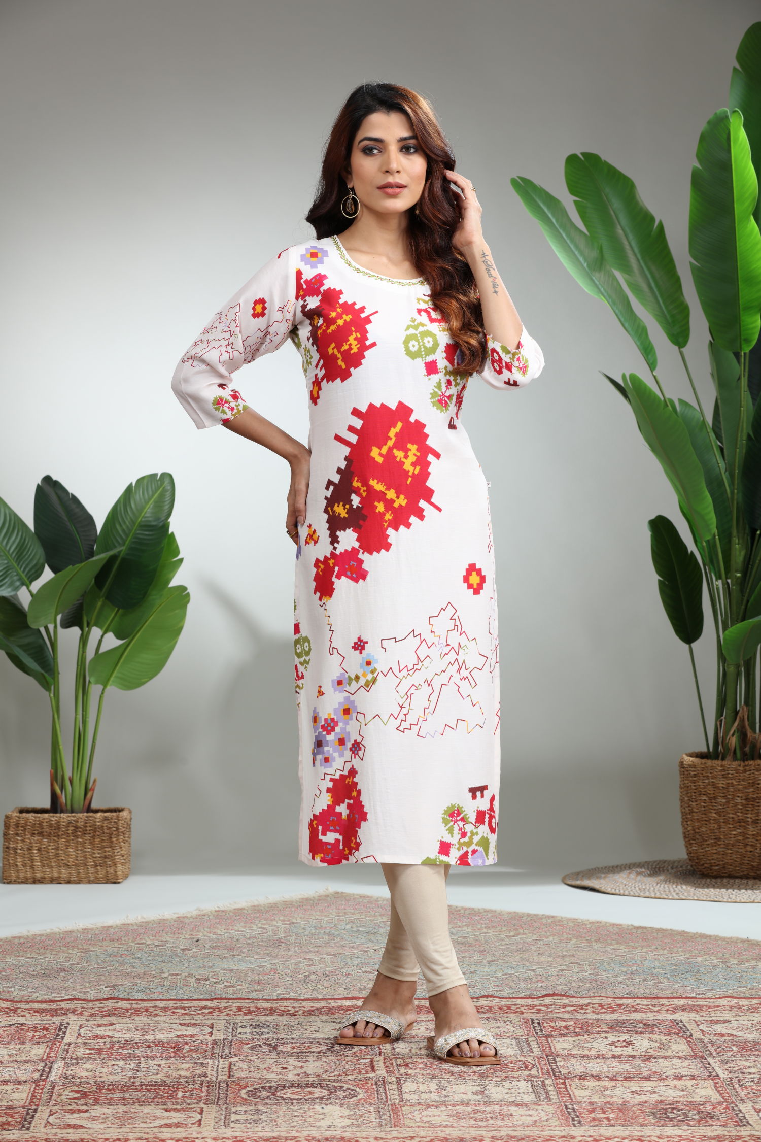 White Printed Straight Kurti