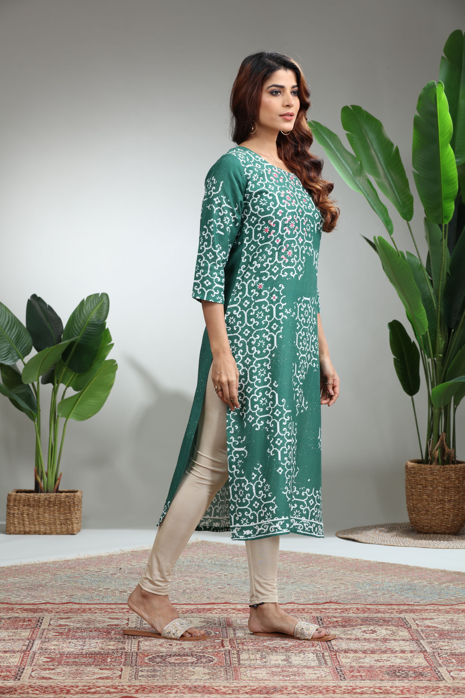 Green Printed Straight Kurti