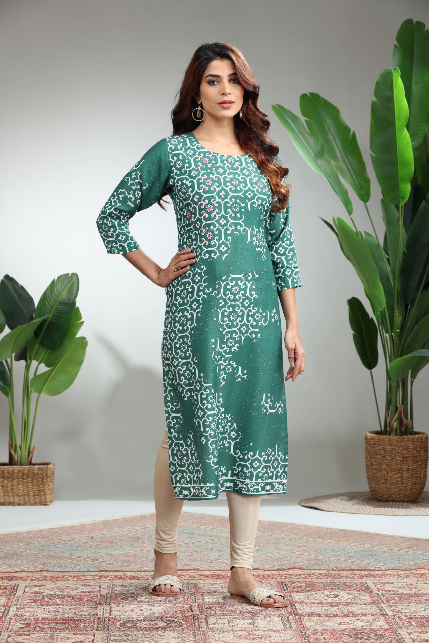 Green Printed Straight Kurti